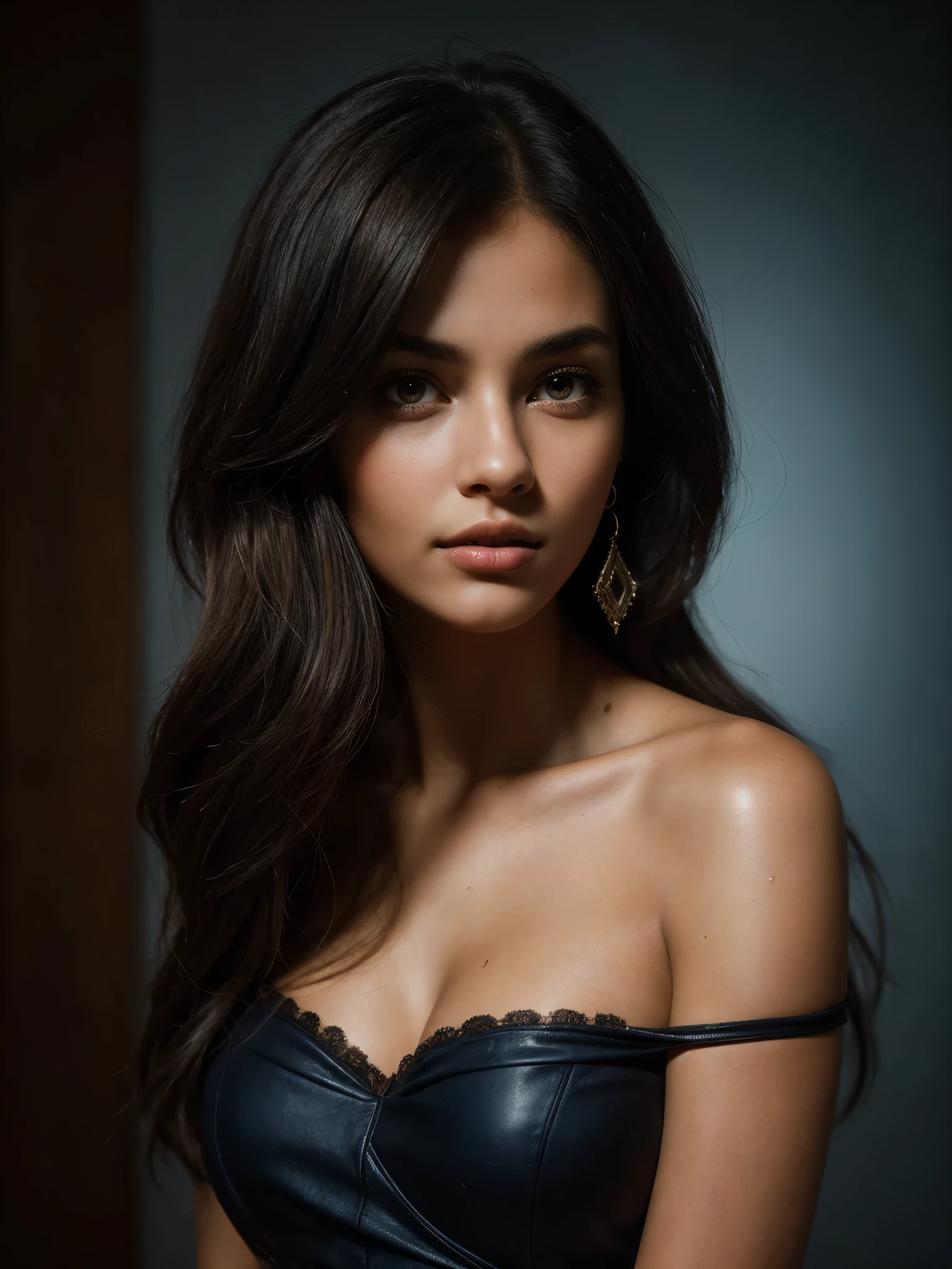 photo of a beautiful (dark-skinned girl:1.2) on a blue velvet background, Blue velvet drapery background, (Textured fabric of the highest quality on a blue velvet background), lush blue drapery behind her with accent highlights(Highest Quality), her frontal shot on camera, Skin smooth and radiant, Film quality, The woman (ultra-realistic , ia'in deep darkness ,Soft accents, Magnificent lighting in the style of Rembrandt., (Rembrandt Patch), Her juicy, cascades of natural dark hair, giving her face an aura of charm. With amazing eyes, adorned with long lashes, eyes, Rich, deep colours, Ancient seduction and passion. Finely detailed(Fine-grained), (Highly detailed skin texture of peachy-fluffy earlobe is realistic.) ○○ RES – ○○ Ultra High Resolution Resolution(hight resolution) , Very high resolution textures(Light Resolution), Realistic - Realistic Photorealistic - (photorealistic beautiful eyes, Pupil colors, 4k) , 8K,極端なディテール, Close and intimate, She looks directly at the viewer, Mesmerizing eyes, Looking at us,Her perfectly sculpted lips, Very real lip glasses,painted in a bright crimson shade. aka Engr, Vermeer Corporation, work of art, Explore your desires.Solo Woman, (Highest quality leather), hairlong, Every detail,fine facial traits, micro-details of skin and hair Masterpiece – Masterpiece ○○ quality – ○○ quality best quality(Highest Quality) ,Leica Film, Best, solo female, hiquality (hiquality) etc. D. ○ ○ ○ Detail - ○ ○ Detail ultra-fine details(micro details), Photorealistic, Extremely detailed(Extremely detailed) , Finely detailed(Fine-grained), (Highest skin texture detail) ○○ RES – ○○ Ultra High Resolution Resolution(hight resolution) , Very high resolution textures(Light Resolution), Realistic - Realistic Photorealistic - photorealistic beautiful -