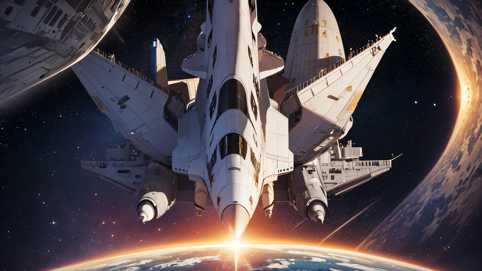 ((best quality)), ((masterpiece)), ((super detailed)), (illustration), (Detail lights),cosmic space,space shuttle,Space battleships