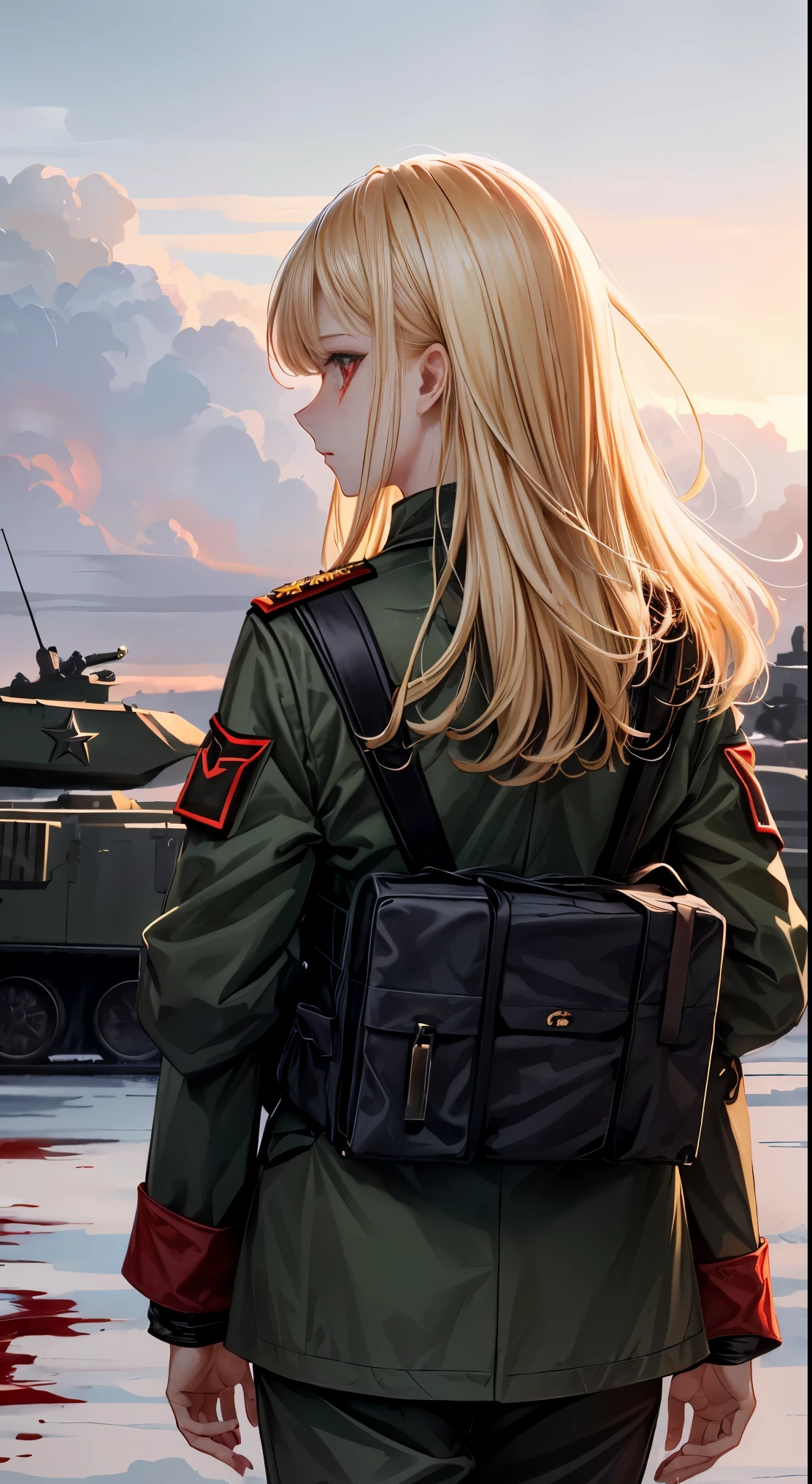 A girl, red eyes, blonde hair, blood on the cheeks, wearing Soviet military uniforms, looks like symbolic of Soviet, Russian, have AK-47 in the background, the tanks are following her from behind, there are fighter jets in the sky,