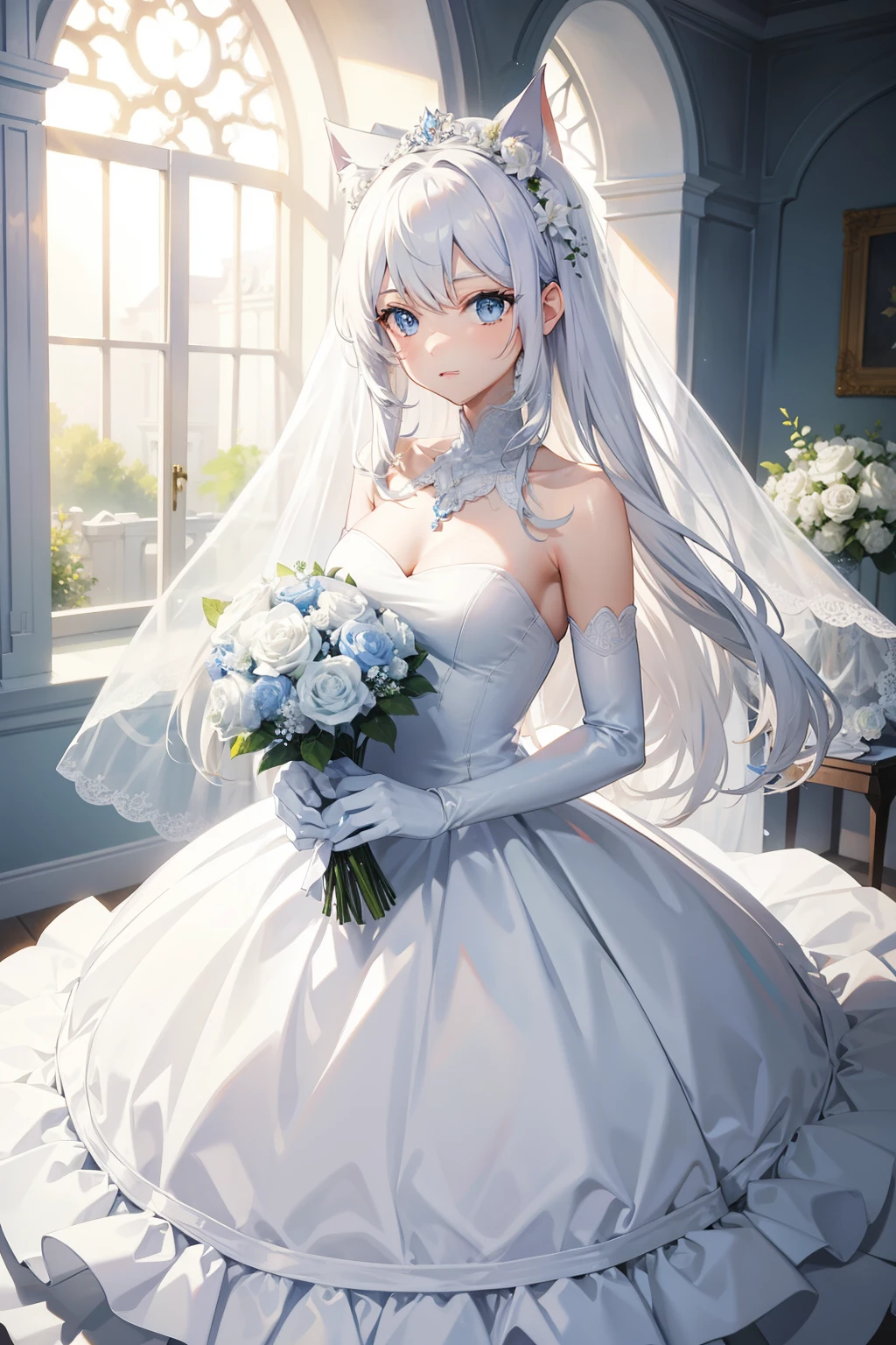 need,masterpiece,youth,white,blue eyes,sapphire necklace,Cat ear,white wedding dress,Two dimensions,long white hair,look up,Shy,White gloves,intricate skirt,pure,Holding a bouquet of flowers,happy wedding