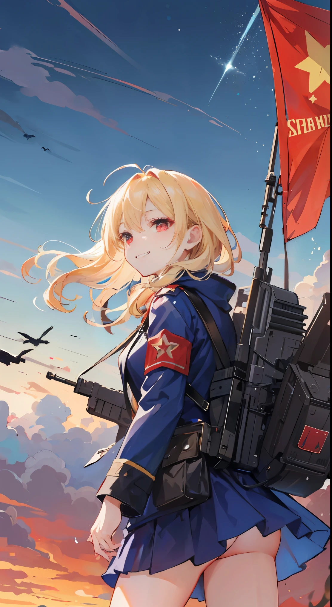 A girl, red eyes, blonde hair, spooky laugh, smirk, looking up at the left sky. wearing Soviet military uniforms, Russian, she have AK-47 in the background, she looks like symbolic of Soviet, weapons stand out in a prominent position，the tanks are following her from behind, there are fighter jets in the sky, large soviet flag on background, one yellow star twinkle, communist