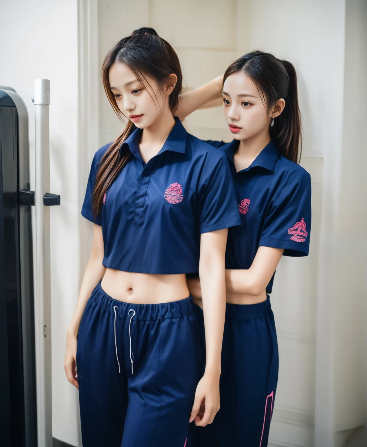 3 girls in fitness center, Navy blue short-sleeved shirt,Navy Long Trackpant,Sweatpants, Sweatpantsขายาว,25 year old girl, lesbian, sexy, exercise clothes, wet body, exercise clothes