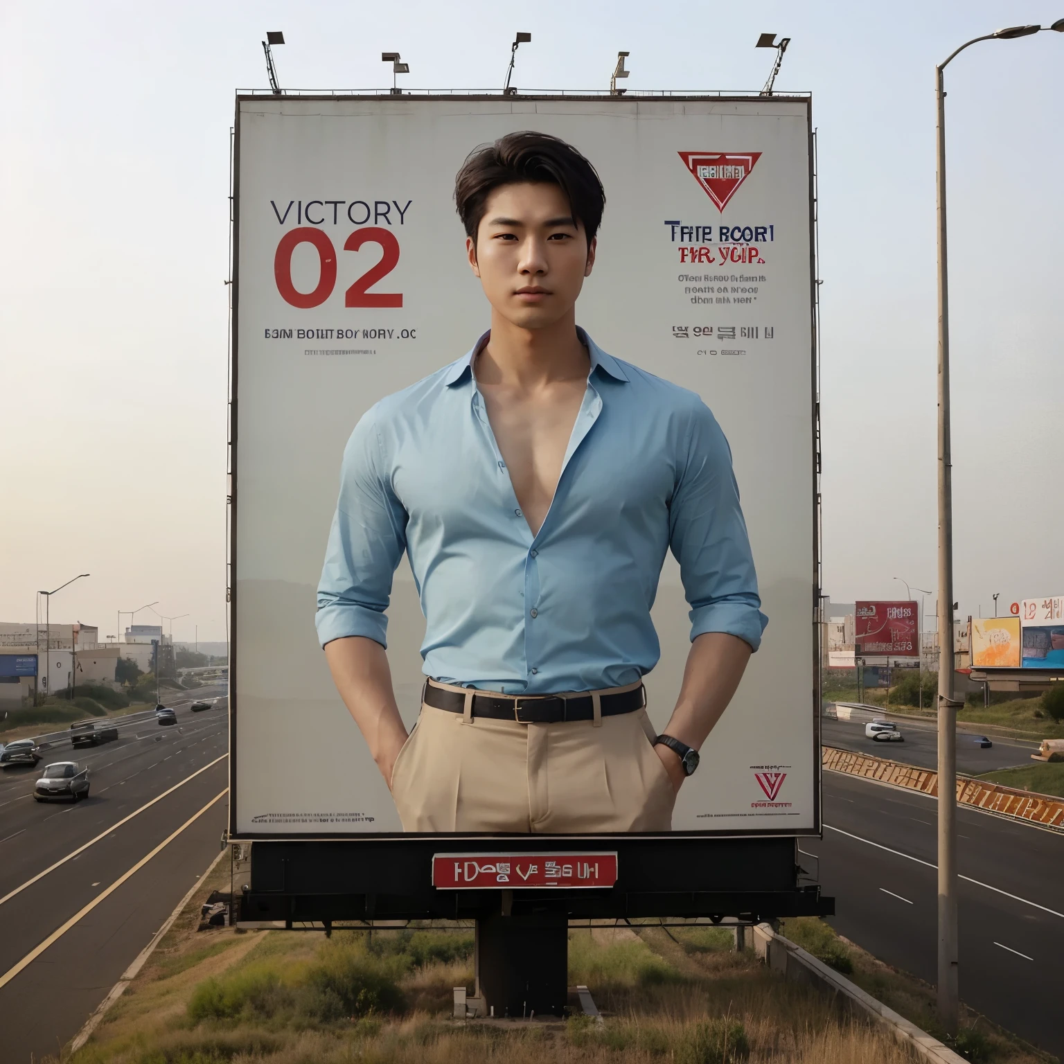 A large billboard advertisement on the side of the highway, showing a 25 year old Korean man, two blocks of hair, fit body, wearing a sky blue formal shirt and beige trousers with a firm pose and one hand with two fingers and text. , 'Victory 02.'