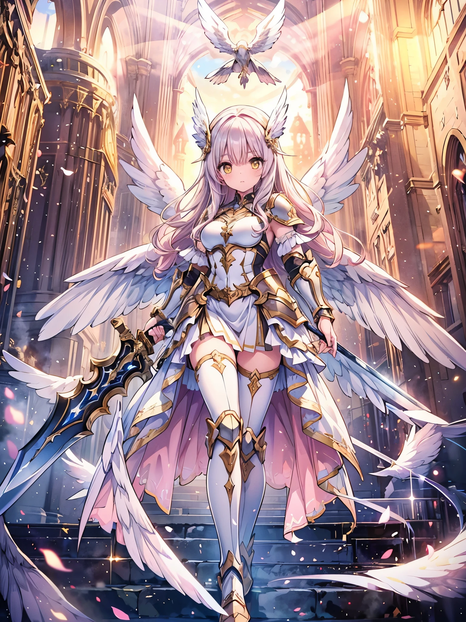 (masterpiece), best quality, 1girl, Valkyrie, angel knight in withe dress and sliver armor, shiny armor, High-gloss armor, reflective metal armor, holding sword, (long_sword), pink long curly hair, yellow eyes, wings, white outfit, perfect lighting