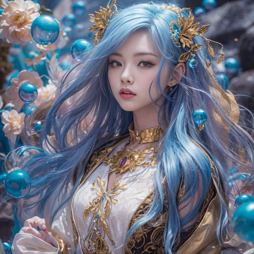 thick cyan colors,thick blue colors,enamel,agates,A flesh-colored world,Blood Blue Maiden 32k(masterpiece,HD,Aoyama Pond,超HD,32k)flowing bright blue hair,blood pool,Ziddink, a color,Grumpy (After greeting), (Linen scarf), fighting stance, looking at the ground, long white hair, Floating bright blue, Fire cloud gold headdress, Chinese long-sleeved gold silk burgundy garment, (Abstract metaverse splash:1.2), White background,Peony flower vitality protector(realistically:1.4),bright purple hair,Smoke on the road,The background is very pure, high resolution, detail, RAW photos, Sharp Re, Nikon D850 film photo by Jefferies Lee 4 Kodak Portra 400 camera F1.6 guns, colorful, Ultra-realistic and vivid textures, dramatic lighting, Unreal Engine Art Station Trend, Sinest 800,A girl with long flowing bright blue hair,huge colorful bubbles
