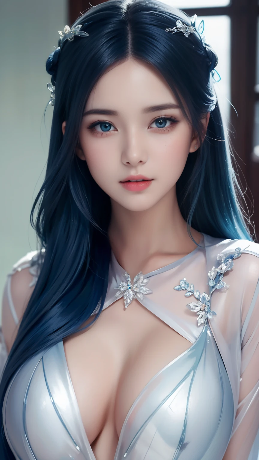 (hyper-actual), (illustration), (high resolution), (8k), (Very detailed), (最佳illustration), (beautiful and delicate eyes), (best quality), (super detailed), (masterpiece), (wallpaper), (lifelike), (Natural light), (edge lighting), (Detailed face), (高度细致lifelike皮肤纹理), (anatomically correct), (alone), (1 girl), (高细节lifelike头发), (blue hair:1.2), spiky hair, (heterochromatic eyes), (Detailed green eyes), (There is a small mole under the eye), (actual:1.5), (Naked room:1.3), (long legs), (slim abs), (dynamic poses), (close your mouth:1.3), (traditional hanfu), (transparent clothes:1.5), national foundation,breasts on display,breasts on display,exposing her breasts,huge ,huge breasts,exposing her breasts,huge breasts,