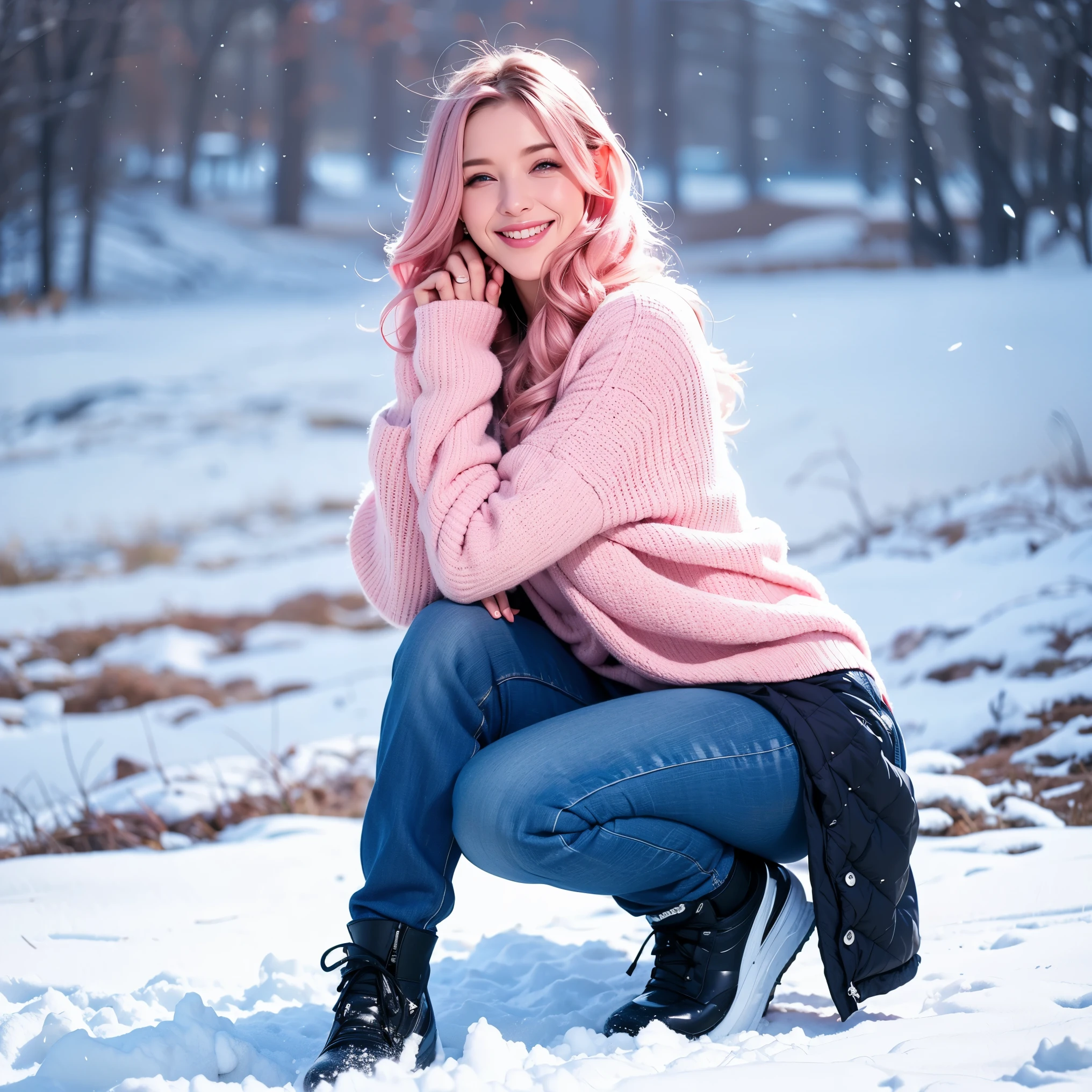 Woman, long curly hair, pink hair, blue eyes, elf, Winter clothes, cold clothes , snow background,Snow, snowflake, Full body, Pants, smile