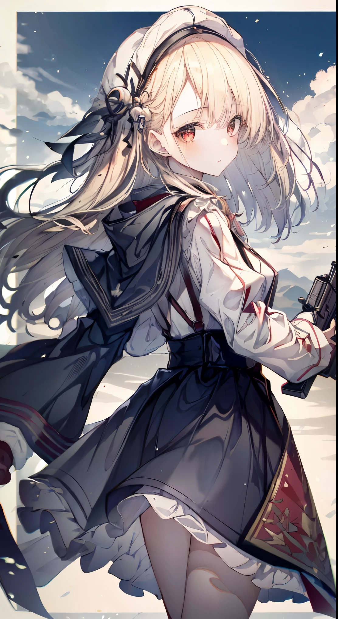 A girl, red eyes, blonde hair, blood on the cheeks, wearing Soviet military uniforms, looks like symbolic of Soviet, Russian, have AK-47 in the background, the tanks are following her from behind, there are fighter jets in the sky, 