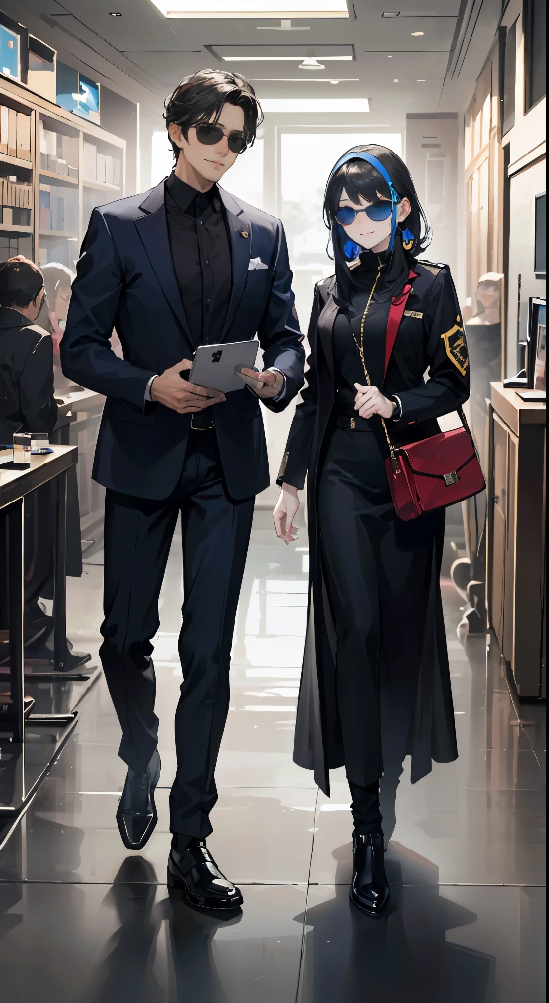 masterpiece, official art, 8K, highest quality, very detailed, Mysterious, dark, Sophisticated, Deluxe, Auction house:1.2, woman, suit, sunglasses, Earmuffs, Security Officer, high-tech equipwomant, Advanced monitoring technology, Valuables Exhibition, the man in the foreground, Observe the scene confidently with a sly smile.