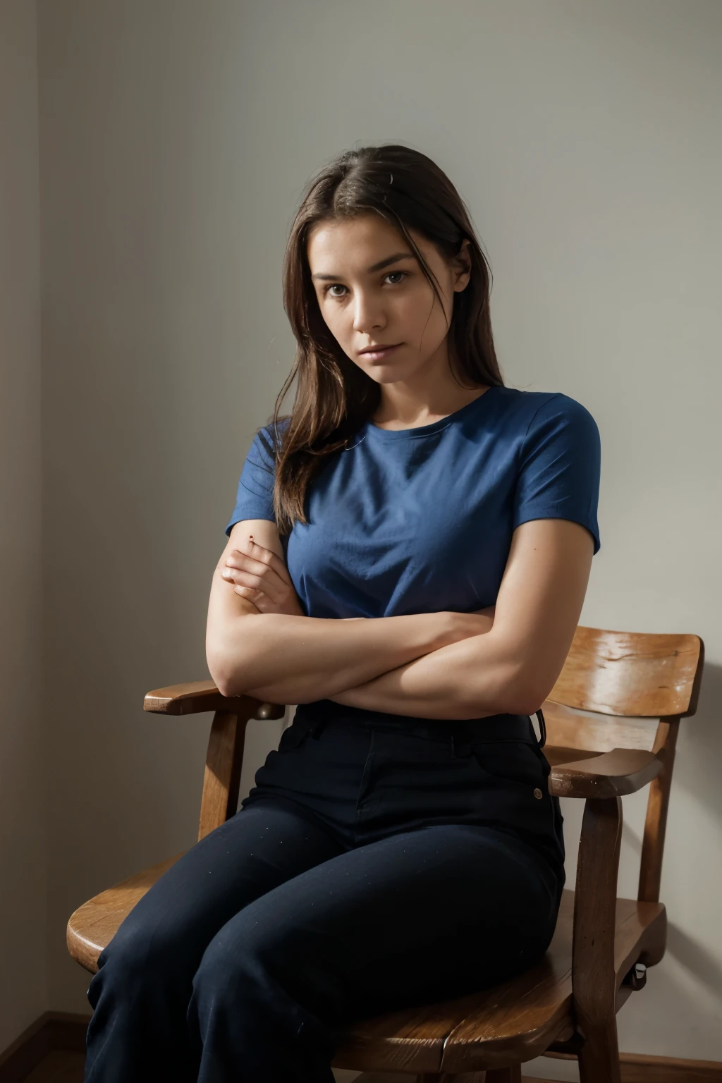 The image shows a woman sitting on a wooden chair with her arms resting on the armrests. She is wearing a blue shirt and black pants. The background is a white wall. The woman’s face is turned towards the camera, and she has a serious expression. The wooden chair appears to be old and worn, with some scratches and dents on the surface. The overall mood of the image is somber and contemplative.