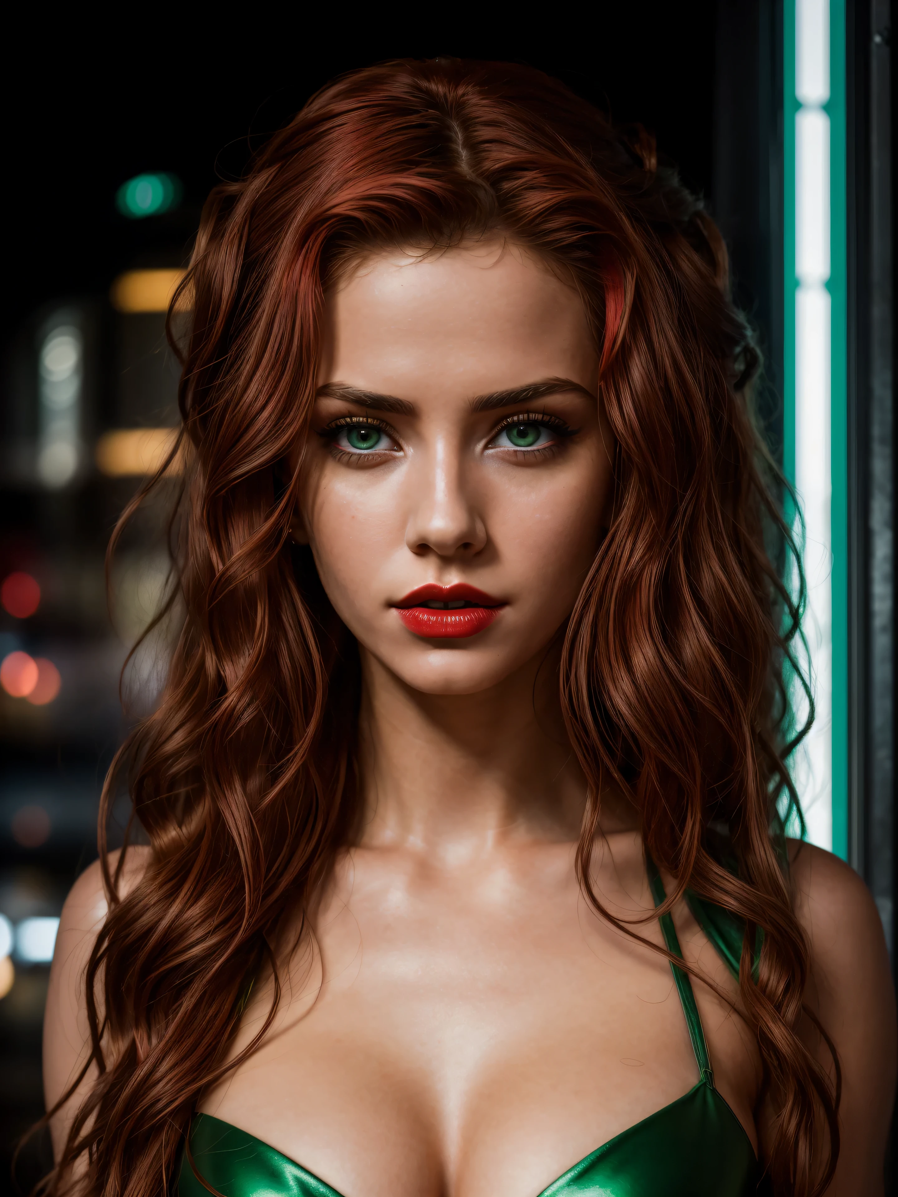 photo of a 25 years old european girl, RAW, beautiful woman, (extra long wavy red hair), (green eyes), (dark red lips), ((portrait)), ((detailed face:1.2)), ((detailed facial features)), (finely detailed skin), pale skin, (high detailed deep cleavage cyberpunk steel dress), cyberpunk megacity environment, (cold colors), damp, moist, reflections, (masterpiece) (perfect proportion)(realistic photo)(best quality) (detailed) photographed on a Canon EOS R5, 50mm lens, F/2.8, HDR, (8k) (wallpaper) (cinematic lighting) (dramatic lighting) (sharp focus) (intricate)