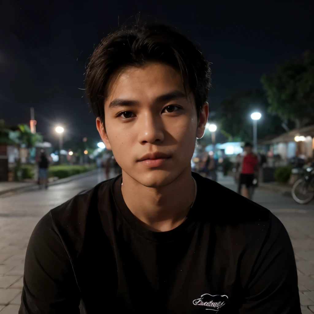 Handsome Indonesian man, smooth hair, slightly chiseled cheeks, 20 years old, wearing a plain black t-shirt, casual but cool style, high angle HD drop shadow image, night background in Probolinggo square, East Java