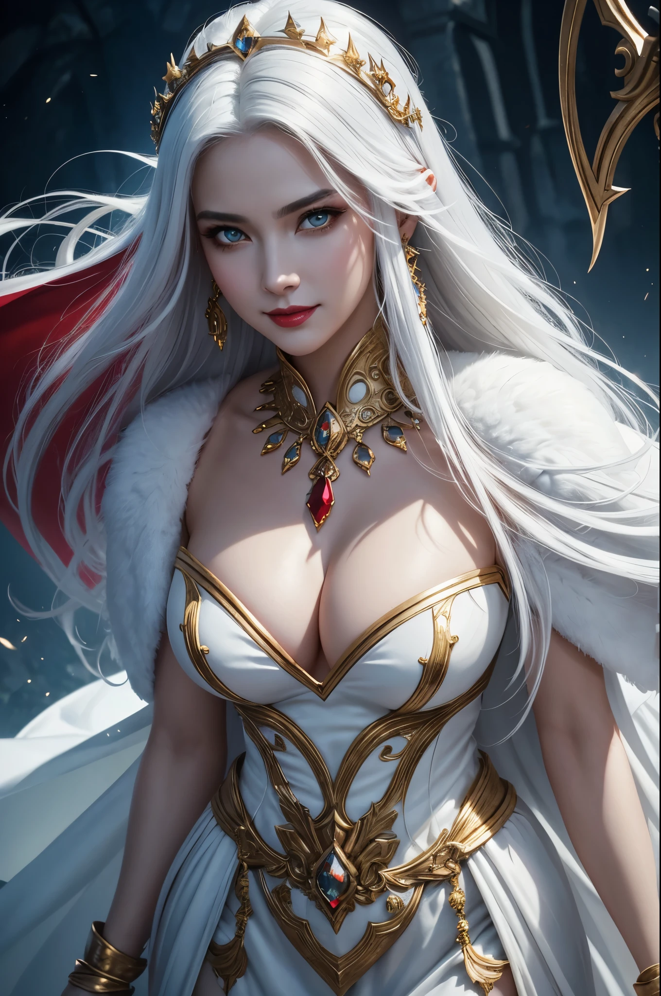8K,Very big breasts, slightly thick,long white hair,Close-up of nest pretty woman wearing white evil god costume holding god's staff, beautiful fantasy empress, ((beautiful fantasy empress)), glamorous.very high detail, extremely detailed , up to the model | types of bacteria, trending on cgstation, Chenwei Pan On Art Station, luxurious black cloak,Super high resolution,super realistic skin,beautiful expression,fantasy art,laughter(Like the real thing),straight hair,golden eyes,Red Gem Earrings,blue gemstone necklace,luxury white gauntlet,red lipstick,red eyeshadow,evil god makeup,battle scene,action scene,fighting pose,masterpiece,Photorealistic RAW photos of the highest quality。bright colors,rich colors, Backlight, cinematic lighting, film grain, 50mm lens, Nikon D850,beautiful expression,fantasy art,character art,look at the viewer,perspective from above,smile,Slightly thicker figure,