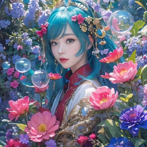thick cyan colors，thick blue colors，enamel，agates，A flesh-colored world，Blood Blue Maiden 32k（masterpiece，HD，Aoyama Pond，超HD，32k）flowing bright blue hair，blood pool，Ziddink， a color，Grumpy （After greeting）， （Linen scarf）， fighting stance， looking at the ground， long white hair， Floating bright blue， Fire cloud gold headdress， Chinese long-sleeved gold silk burgundy garment， （Abstract metaverse splash：1.2）， White background，Peony flower vitality protector（realistically：1.4），bright purple hair，Smoke on the road，The background is very pure， high resolution， detail， RAW photos， Sharp Re， Nikon D850 film photo by Jefferies Lee 4 Kodak Portra 400 camera F1.6 guns, colorful, Ultra-realistic and vivid textures, dramatic lighting, Unreal Engine Art Station Trend, Sinest 800，A girl with long flowing bright blue hair，huge colorful bubbles
