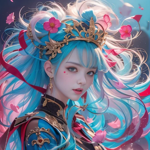 thick cyan colors,thick blue colors,enamel,agates,A flesh-colored world,Blood Blue Maiden 32k(masterpiece,HD,Aoyama Pond,超HD,32k)flowing bright blue hair,blood pool,Ziddink, a color,Grumpy (After greeting), (Linen scarf), fighting stance, looking at the ground, long white hair, Floating bright blue, Fire cloud gold headdress, Chinese long-sleeved gold silk burgundy garment, (Abstract metaverse splash:1.2), White background,Peony flower vitality protector(realistically:1.4),bright purple hair,Smoke on the road,The background is very pure, high resolution, detail, RAW photos, Sharp Re, Nikon D850 film photo by Jefferies Lee 4 Kodak Portra 400 camera F1.6 guns, colorful, Ultra-realistic and vivid textures, dramatic lighting, Unreal Engine Art Station Trend, Sinest 800,A girl with long flowing bright blue hair,huge colorful bubbles