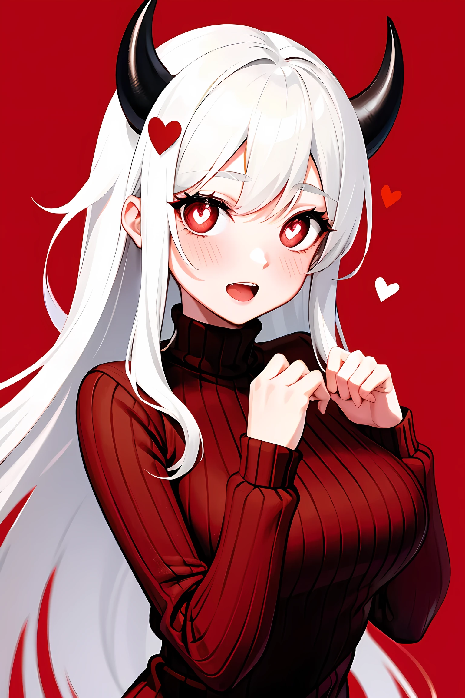 masterpiece, best quality, modeus(helltaker), drooling, formal, black horns, large breasts, open mouth, simple background, red eyes, long sleeves, symbol-shaped pupils, upper body, solo, sweater, white hair, black suit, ribbed sweater, blush, turtleneck, 1girl, heart, jacket, demon horns, horns, heart-shaped pupils, red sweater, red background, looking at viewer, own hands together, suit, demon girl