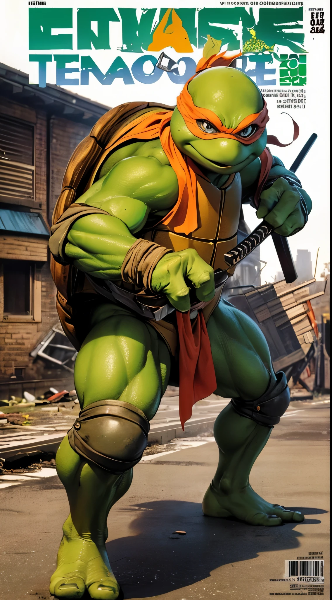masterpiece, (1girl:1.5), extremely detailed female character, full body shot, best quality, (femine, small, cute, tiny, thick, athletic), (TMNTMichelangelo, teenage mutant ninja turtle, orange bandana, mask with eye-holes, holding a nunchucks), (tenage mutant ninja turtles:1.5), (magazine title, text), (magazine:1.3), modern era, 90s anime style, (destroyed town background, action pose:1.5),enemies around, (nsfw:0.5)