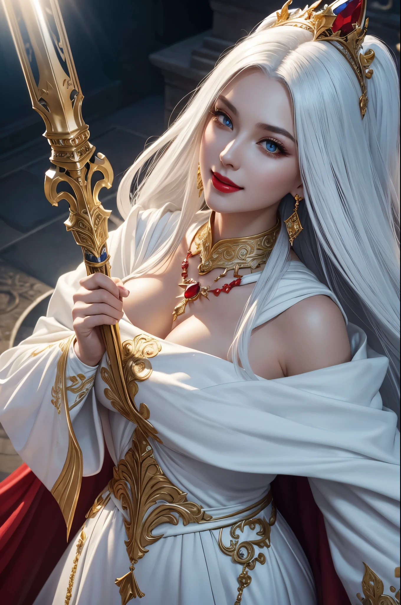 8K,very big breasts,long white hair,Close-up of nest pretty woman wearing white evil god costume holding god's staff, beautiful fantasy empress, ((beautiful fantasy empress)), glamorous.very high detail, extremely detailed , up to the model | types of bacteria, trending on cgstation, Chenwei Pan On Art Station, luxurious black cloak,Super high resolution,super realistic skin,beautiful expression,fantasy art,laughter(Like the real thing),straight hair,golden eyes,Red Gem Earrings,blue gemstone necklace,luxury white gauntlet,red lipstick,red eyeshadow,evil god makeup,battle scene,action scene,fighting pose,masterpiece,Photorealistic RAW photos of the highest quality。bright colors,rich colors, Backlight, cinematic lighting, film grain, 50mm lens, Nikon D850,beautiful expression,fantasy art,character art,look at the viewer,perspective from above,smile,Slightly thicker figure,