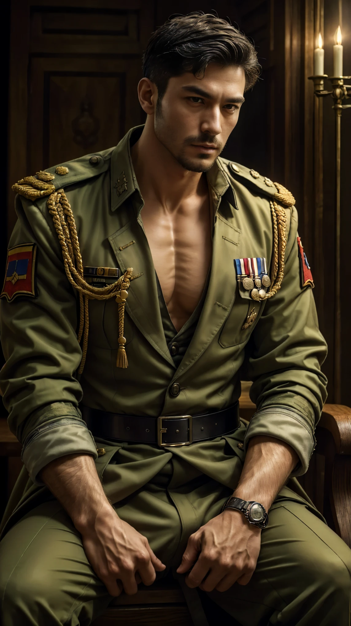 (Best quality at best,フォトリアリスティック),(Dark,feels) Young person, One guy,detailed black eyes, French-German man in uniform standing in front of building, in full military garb, in a soldier uniform, Inspired by Zhang Sengyao, in a soldier uniform, Court Costume Akira, in a soldier uniform, Imperial team, in a soldier uniform, Wearing imperial equipment, Wearing a soldier's uniform, Inspired by Oka Yasuyu, Italian man wearing old samurai uniform，，。Dark skin., （（Very relaxed and lazy look！））, （（Unintentionally exposing chest muscles））Handsome male, Handsome chad chin, Handsome and attractive, Handsome and elegant, Handsome man, Sexy masculine, masculine and Handsome, , Handsome, Attractive posing, attractive male, Attractive man,40-year-old man！Lift your little head，Kominan wearing an army coat（closeup portrait！)）showing off his hairy pecs。（Show hairy chest muscles），），(Use a short beard collar），Wear a military uniform and wear one without buttons！Show hairy chest muscles），)，(Use a short beard collar，）headspace！Charming and serious look，（Handsome男人，sitting down，poorly dressed，Perfect body anatomy，Beautiful man face detail，perfect foot，perfect hand！Ultra-low angle shooting！！