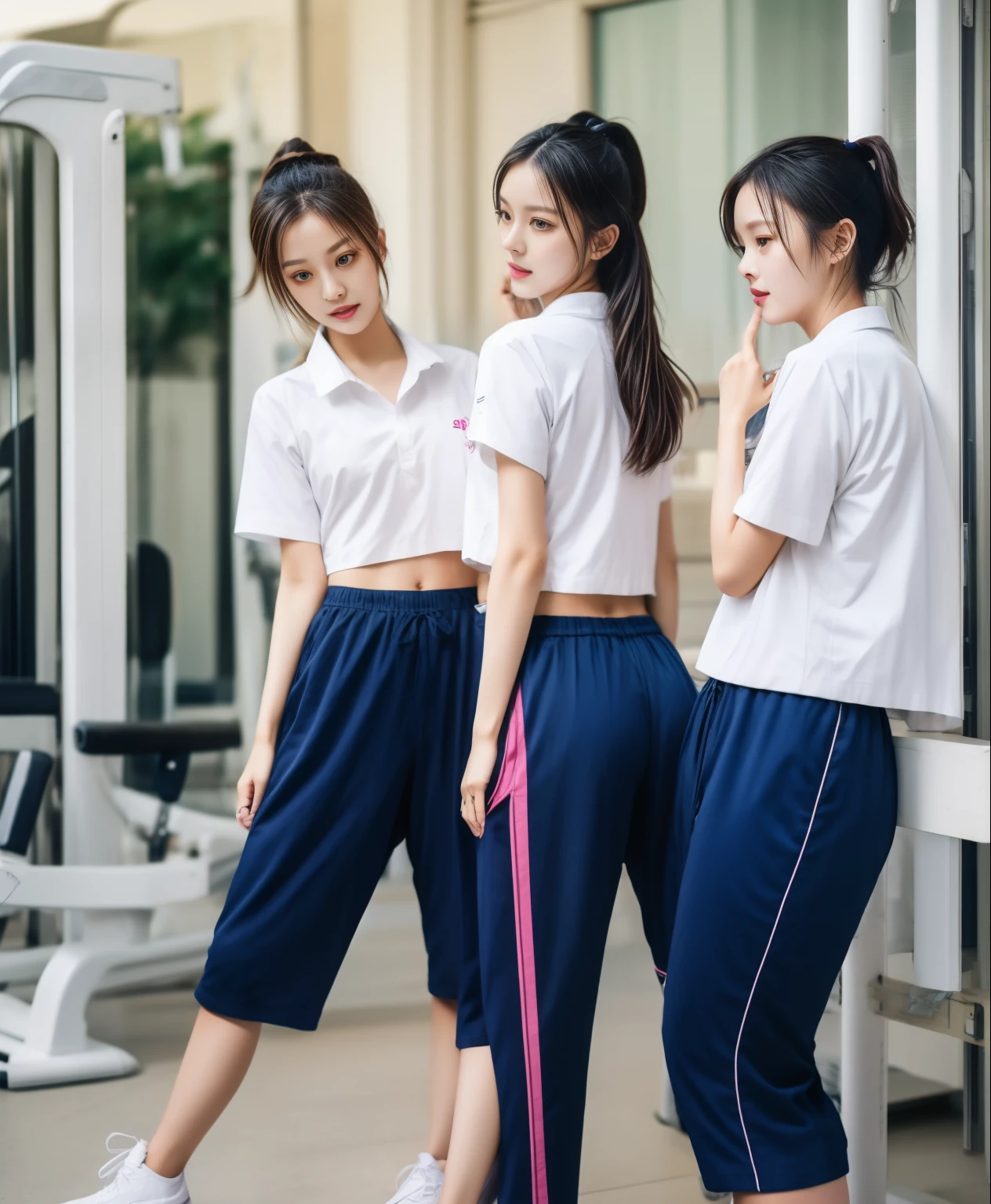 3 girls in fitness center, Navy blue short-sleeved shirt,Navy Long Trackpant,Sweatpants, Sweatpantsขายาว,25 year old girl, lesbian, sexy, exercise clothes, wet body, exercise clothes