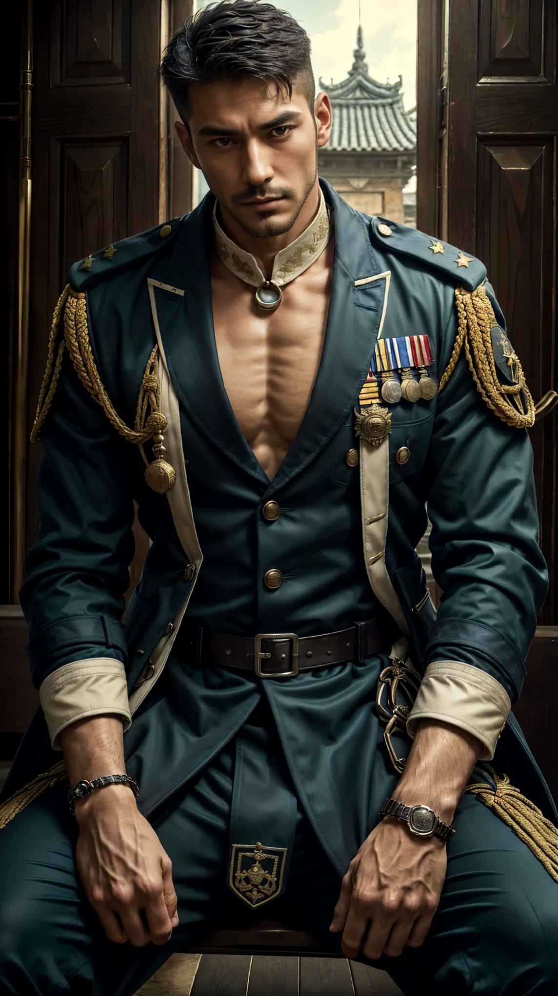 (Best quality at best,フォトリアリスティック),(Dark,feels) Young person, One guy,detailed black eyes, French-German man in uniform standing in front of building, in full military garb, in a soldier uniform, Inspired by Zhang Sengyao, in a soldier uniform, Court Costume Akira, in a soldier uniform, Imperial team, in a soldier uniform, Wearing imperial equipment, Wearing a soldier's uniform, Inspired by Oka Yasuyu, Italian man wearing old samurai uniform，，。Dark skin., （（Very relaxed and lazy look！））, （（Unintentionally exposing chest muscles））Handsome male, Handsome chad chin, Handsome and attractive, Handsome and elegant, Handsome man, Sexy masculine, masculine and Handsome, , Handsome, Attractive posing, attractive male, Attractive man,40-year-old man！Lift your little head，Kominan wearing an army coat（closeup portrait！)）showing off his hairy pecs。（Show hairy chest muscles），），(Use a short beard collar），Wear a military uniform and wear one without buttons！Show hairy chest muscles），)，(Use a short beard collar，）headspace！Charming and serious look，（Handsome男人，sitting down，poorly dressed，Perfect body anatomy，Beautiful man face detail，perfect foot，perfect hand！Ultra-low angle shooting！！