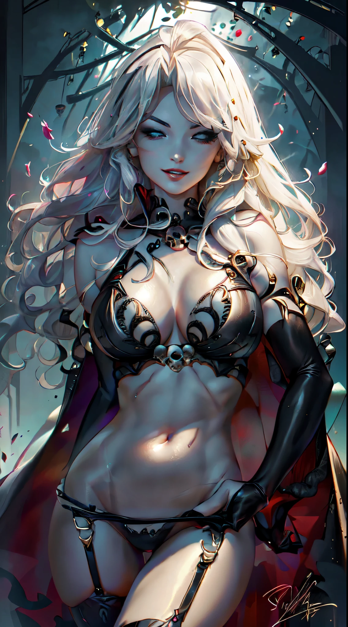 Lady Death, (masterpiece, best quality, ultra-detailed, highres), perfect face, side lighting, lustrous skin, (bloom), (shine), lighting, ray tracing, gothic, 1girl, solo, makeup, breasts, lipstick, elbow gloves, long hair, gloves, cape, swimsuit, bikini, red lips, navel, thighhighs, white hair, large breasts, cleavage, colored skin, black bikini, black cape, black thighhighs, wavy hair, arms up, signature, skull, blue eyes, black gloves, red cape, lips, thighs, arms behind head, parted lips, garter straps, halterneck, seductive smile, eyeshadow, half-closed eyes, depth_of_field, very detailed background, Dynamic angle, solo, extreme light and shadow, (detailed eyes), (extremely detailed illustrated 8k wallpaper), vivid colors,