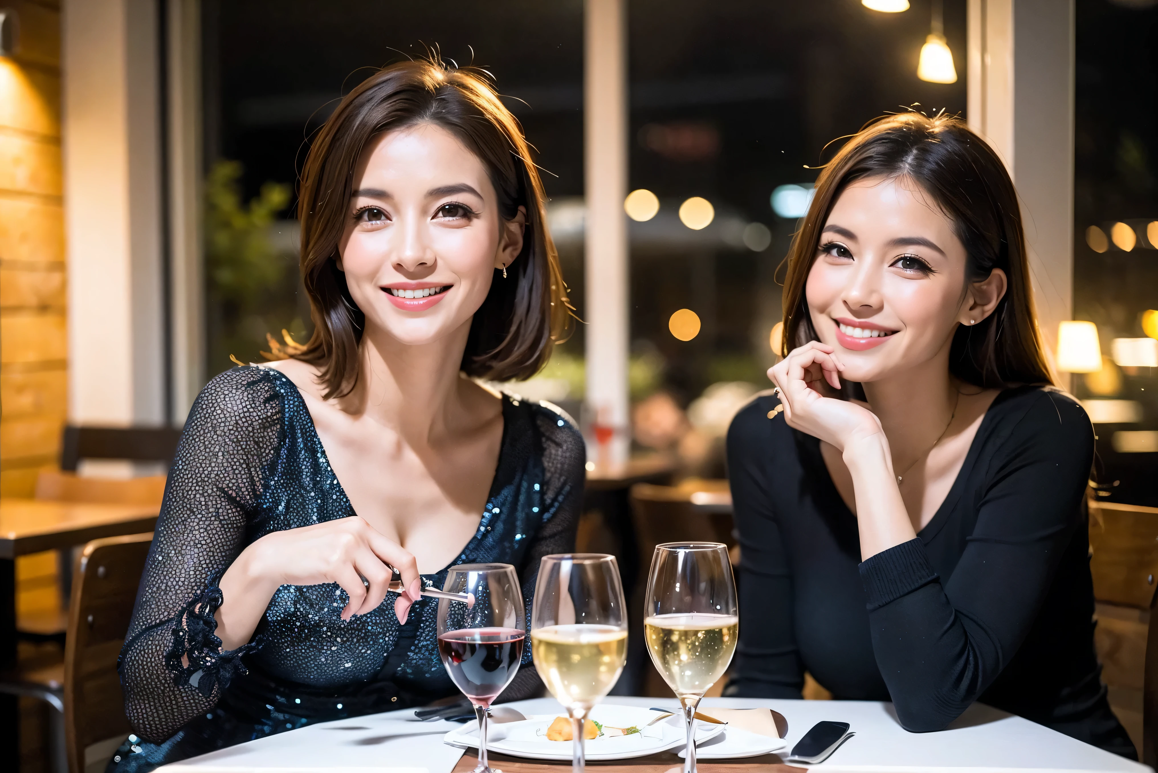 64k, UHD, highest quality, masterpiece: 1.2), (realistic, photorealistic: 1.37), Super detailed, celebration party、beauty、beautiful mature woman、3 women who love wine、three men、champagne、sparkling wine、winter night、restaurantでワイン宴会、(slimな男女4名),(Wine party for 5 people)、(slimフェイス),Happy、 最高なsmile、Fox Face、Raccoon face、Berry Short、(because I'thin), (brown hair), (shortcut), long sleeve shirt、winter fashion、Colombia、Brazilian、Japanese、Dutch、German、Portuguese、Belgian、Italian、french, (gushing), (slimボティ), (brown hair), (shortcut), 端正なbeauty、cheeks blush a little, (41 years old), 38 years old, 35 years old、32 years old、 A beautiful and detailed night view spreads out outside the window......, restaurant, wine glassが座っている, At night, in a prominent place (from the Upper body) nova frog style, actress, model, Upper body, White wine, slim, wine glass, Very beautiful night view, wine glass Put in the Middle, Happy smile, (smile: 1.15),