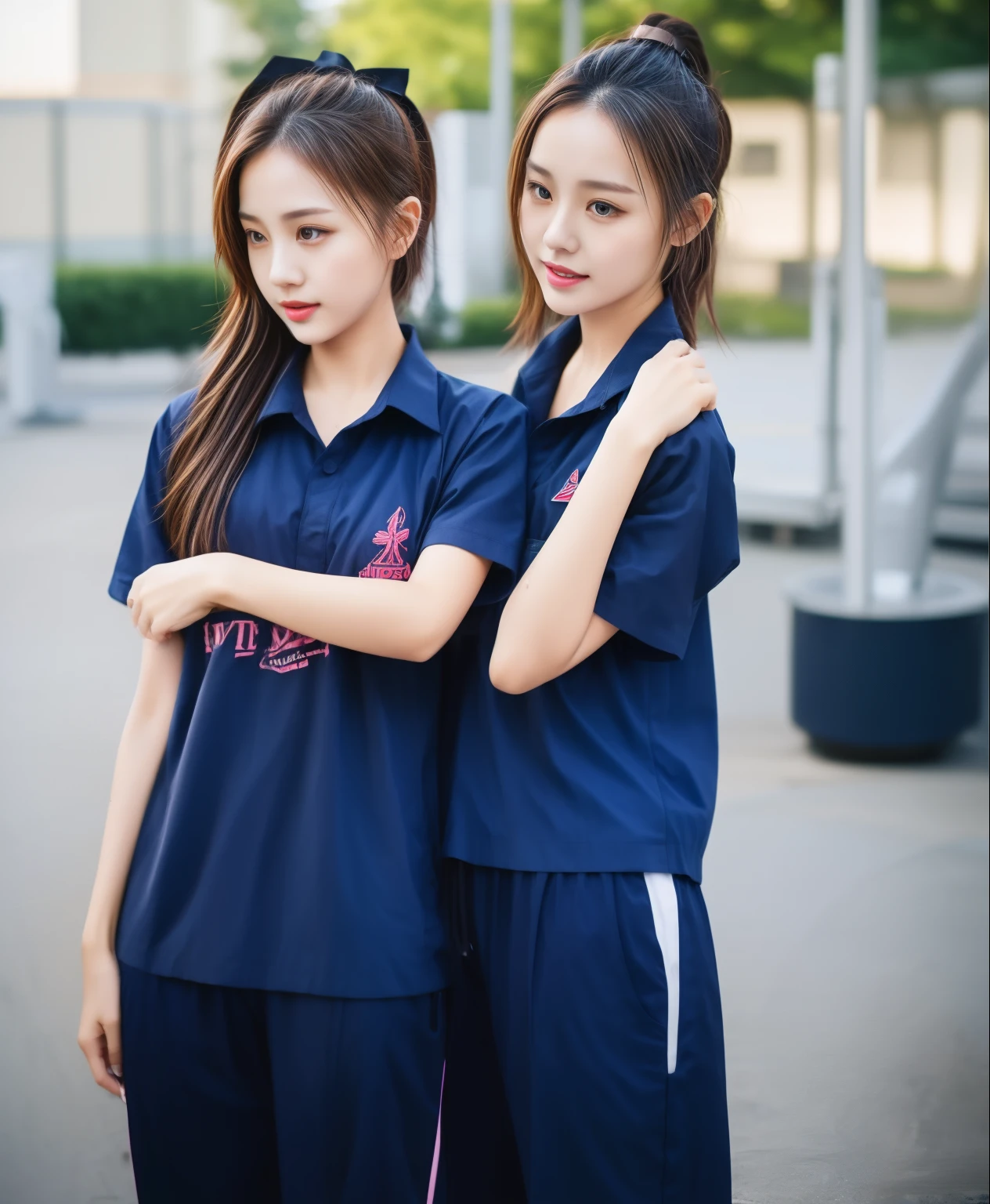 3 girls in fitness center, Navy blue short-sleeved shirt,Navy Long Trackpant,Sweatpants, Sweatpantsขายาว,25 year old girl, lesbian, sexy, exercise clothes, wet body, exercise clothes