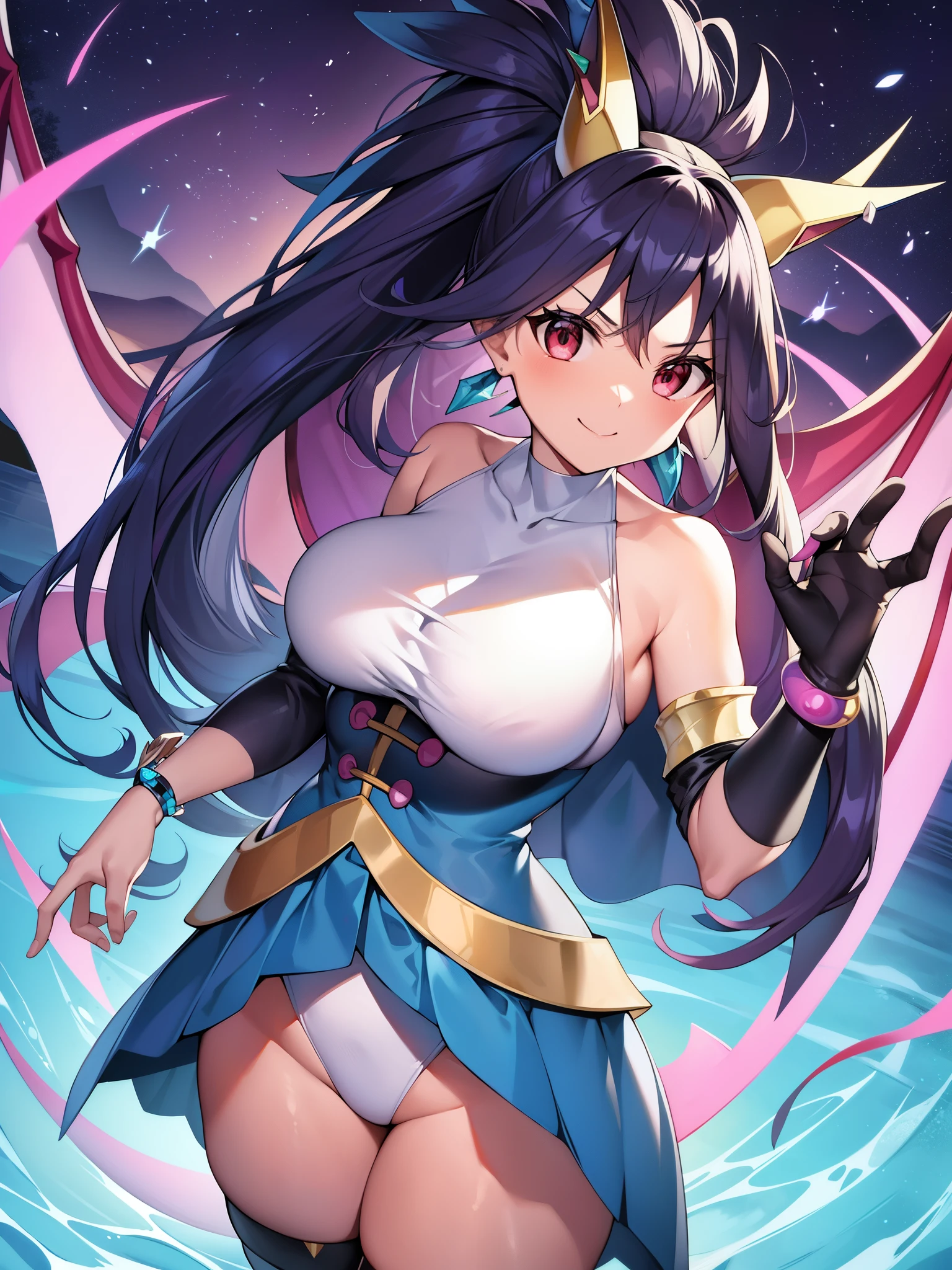 masterpiece、highest quality、Pokémon、Ibuki、big tits milf、big tits milf、big tits milf、Dragon Charmer、(((Dragon scales all over the body)))+++、((dragon horn))++、((Dragon Wings))++、((dragon arms and claws))++、((dragon tail))++、((dragon legs))++、pkmnClair、ponytail、earrings、choker、cape、blue bodysuit、Blue gloves、bracelet、cowboy shot、look at viewer、smile、big breasts、Upper body、smile、mature woman、lake、forest