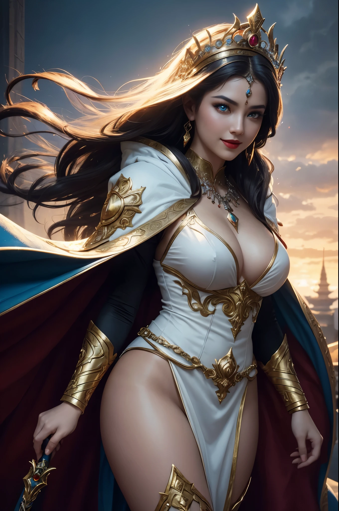 8K,cute thick body,very big breasts,Gray medium bob hair,Close-up of a pretty woman wearing a white evil god costume holding a divine staff, beautiful fantasy empress, ((beautiful fantasy empress)), glamorous.very high detail, extremely detailed , up to the model | types of bacteria, trending on cgstation, Chenwei Pan On Art Station, luxurious black cloak,Super high resolution,super realistic skin,beautiful expression,fantasy art,laughter(Like the real thing),straight hair,golden eyes,Red Gem Earrings,blue gemstone necklace,luxury white gauntlet,red lipstick,red eyeshadow,evil god makeup,battle scene,action scene,fighting pose,masterpiece,Photorealistic RAW photos of the highest quality。bright colors,rich colors, Backlight, cinematic lighting, film grain, 50mm lens, Nikon D850,beautiful expression,fantasy art,character art,look at the viewer,perspective from above,smile,Slightly thicker figure,