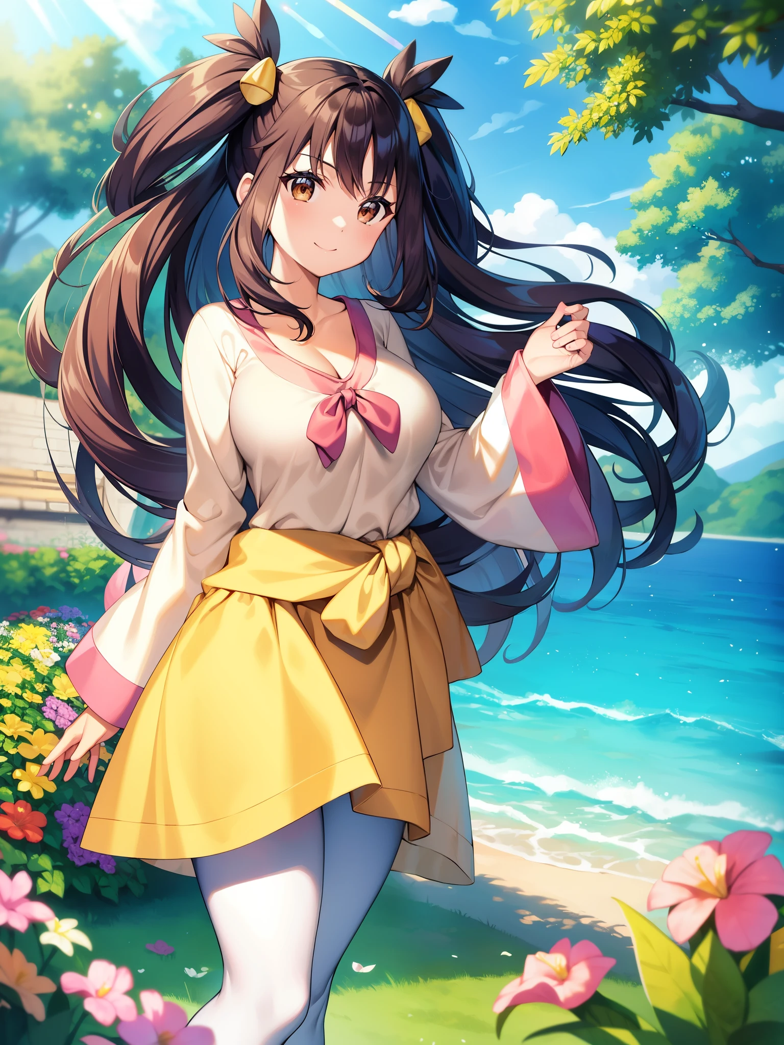 masterpiece、highest quality、high resolution、Super detailed、Pokémon、big tits milf、big tits milf、big tits milf、iris、brown eyes、Very Longhair、big hair、two side up、hair ornaments、brown skin、(Yellow shirt:1.1)、long sleeve、wide sleeve、Waist Ribbon、leggings、pink shoes、outdoor、garden、Are standing、smile、cowboy shot、Wave your hand、