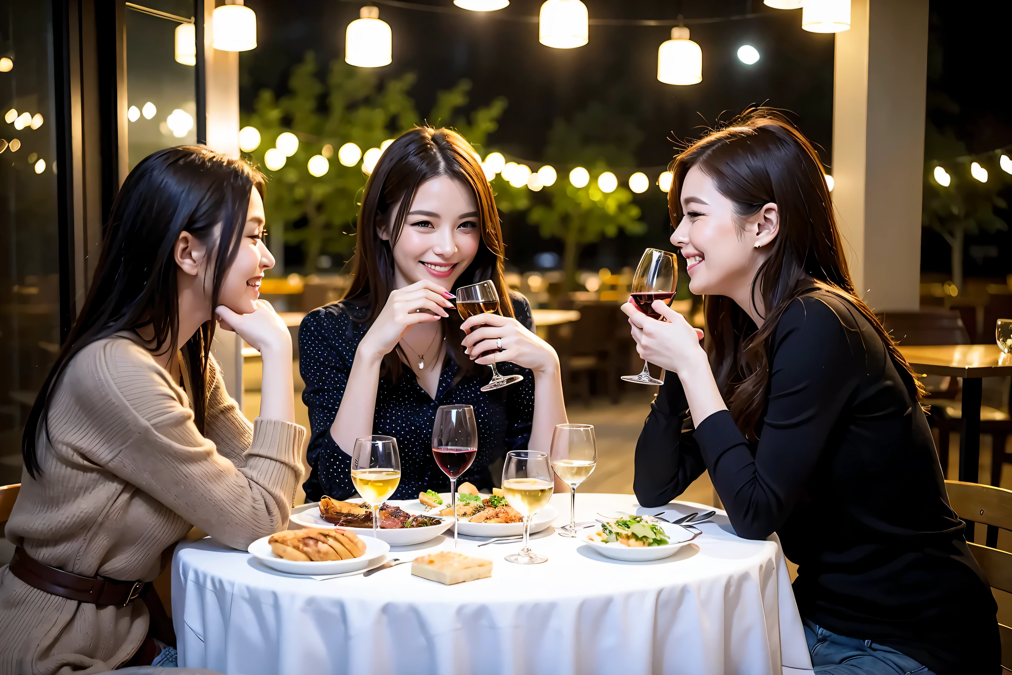 64k, UHD, highest quality, masterpiece: 1.2), (realistic, photorealistic: 1.37), Super detailed, celebration party、beauty、beautiful mature woman、3 women who love wine、three men、champagne、sparkling wine、winter night、restaurantでワイン宴会、(slimな男女4名),(Wine party for 5 people)、(slimフェイス),Happy、 最高なsmile、Fox Face、Berry Short、(because I'thin), (brown hair), (shortcut), long sleeve shirt、winter fashion、Japanese、Dutch、German、Portuguese、Belgian、Italian、french, (gushing), (slimボティ), (brown hair), (shortcut), 端正なbeauty、cheeks blush a little, (34 years old), 38 years old,32 years old、40 years old、 A beautiful and detailed night view spreads out outside the window......, restaurant, wine glassが座っている, At night, in a prominent place (from the Upper body) nova frog style, actress, model, Upper body, White wine, slim, wine glass, Very beautiful night view, wine glass Put in the Middle, Happy smile, (smile: 1.15),