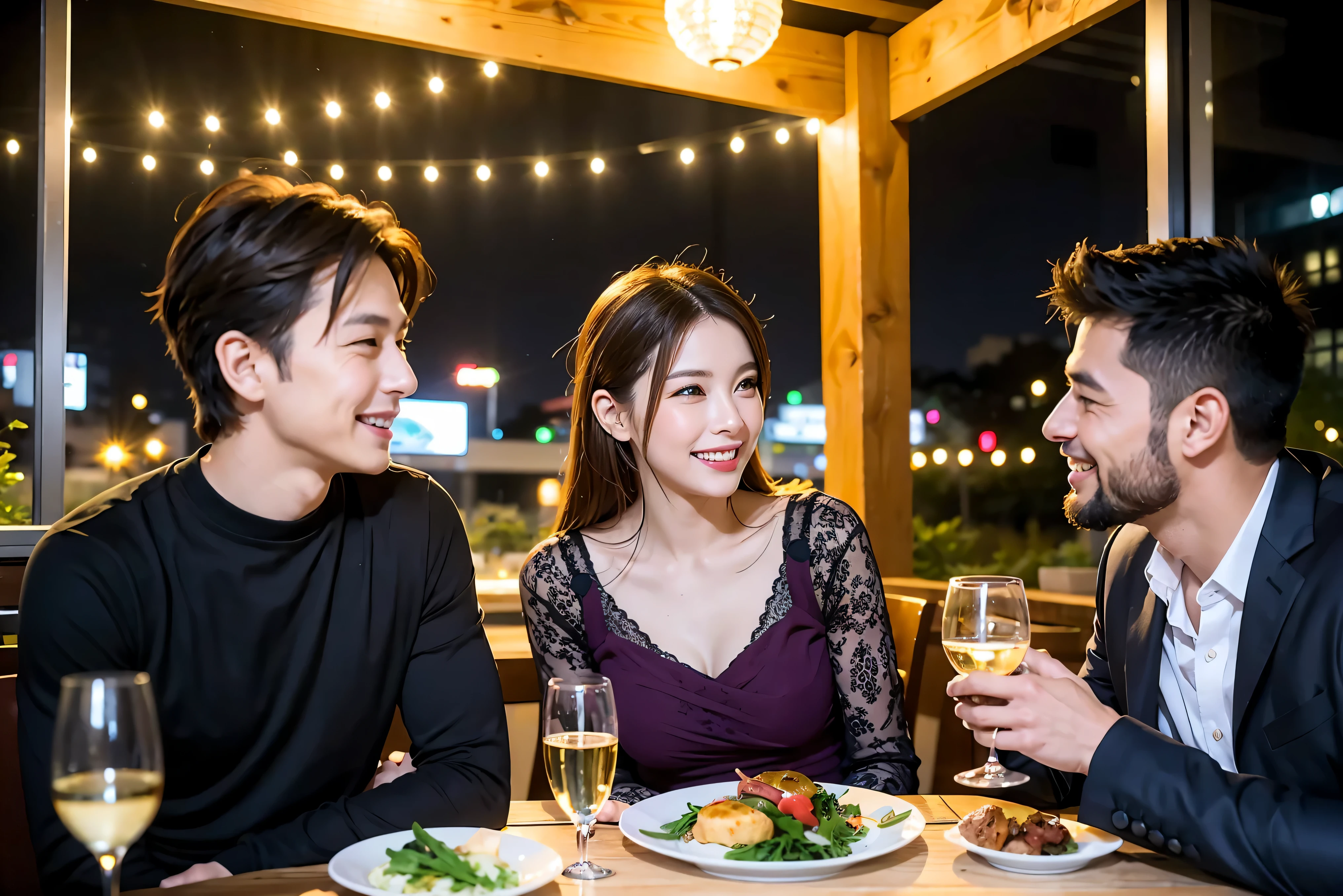 64k, UHD, highest quality, masterpiece: 1.2), (realistic, photorealistic: 1.37), Super detailed, celebration party、beauty、beautiful mature woman、3 women who love wine、three men、champagne、sparkling wine、winter night、restaurantでワイン宴会、(slimな男女4名),(Wine party for 5 people)、(slimフェイス),Happy、 最高なsmile、Fox Face、Berry Short、(because I'thin), (brown hair), (shortcut), long sleeve shirt、winter fashion、Japanese、Dutch、German、Portuguese、Belgian、Italian、french, (gushing), (slimボティ), (brown hair), (shortcut), 端正なbeauty、cheeks blush a little, (34 years old), 38 years old,32 years old、40 years old、 A beautiful and detailed night view spreads out outside the window......, restaurant, wine glassが座っている, At night, in a prominent place (from the Upper body) nova frog style, actress, model, Upper body, White wine, slim, wine glass, Very beautiful night view, wine glass Put in the Middle, Happy smile, (smile: 1.15),