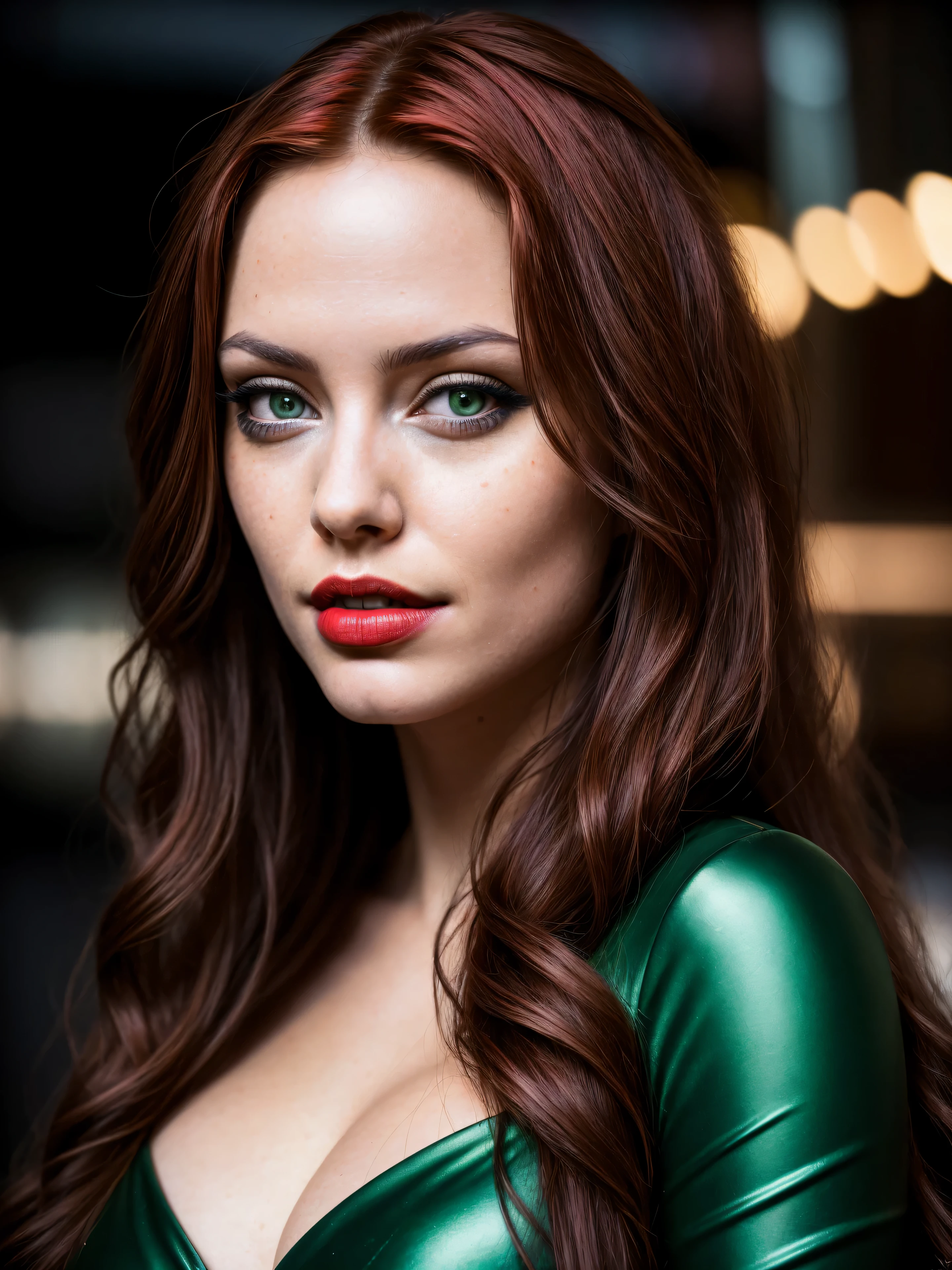 photo of a 25 years old european girl, RAW, beautiful woman, (extra long wavy red hair), (green eyes), (dark red lips), ((portrait)), ((detailed face:1.2)), ((detailed facial features)), (finely detailed skin), pale skin, (high detailed deep cleavage cyberpunk steel dress), cyberpunk megacity environment, (cold colors), damp, moist, reflections, (masterpiece) (perfect proportion)(realistic photo)(best quality) (detailed) photographed on a Canon EOS R5, 50mm lens, F/2.8, HDR, (8k) (wallpaper) (cinematic lighting) (dramatic lighting) (sharp focus) (intricate)