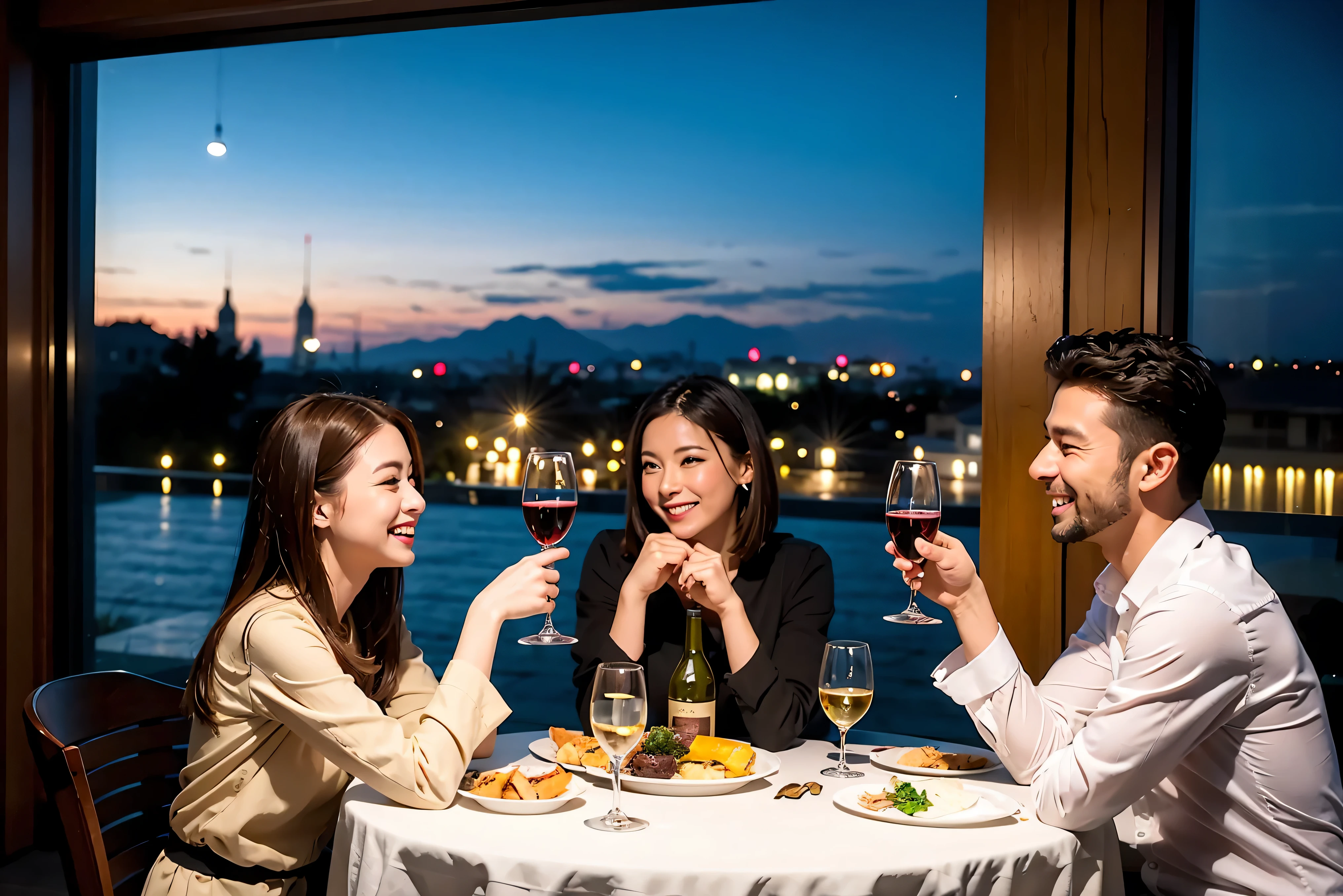 64k, UHD, highest quality, masterpiece: 1.2), (realistic, photorealistic: 1.37), Super detailed, celebration party、beauty、beautiful mature woman、3 women who love wine、three men、champagne、sparkling wine、winter night、restaurantでワイン宴会、(slimな男女4名),(Wine party for 5 people)、(slimフェイス),Happy、 最高なsmile、Fox Face、Berry Short、(because I&#39;thin), (brown hair), (shortcut), long sleeve shirt、winter fashion、Japanese、Dutch、German、Portuguese、Belgian、Italian、french, (gushing), (slimボティ), (brown hair), (shortcut), 端正なbeauty、cheeks blush a little, (34 years old), 38 years old,32 years old、40 years old、 A beautiful and detailed night view spreads out outside the window......, restaurant, wine glassが座っている, At night, in a prominent place (from the Upper body) nova frog style, actress, model, Upper body, White wine, slim, wine glass, Very beautiful night view, wine glass Put in the Middle, Happy smile, (smile: 1.15), 