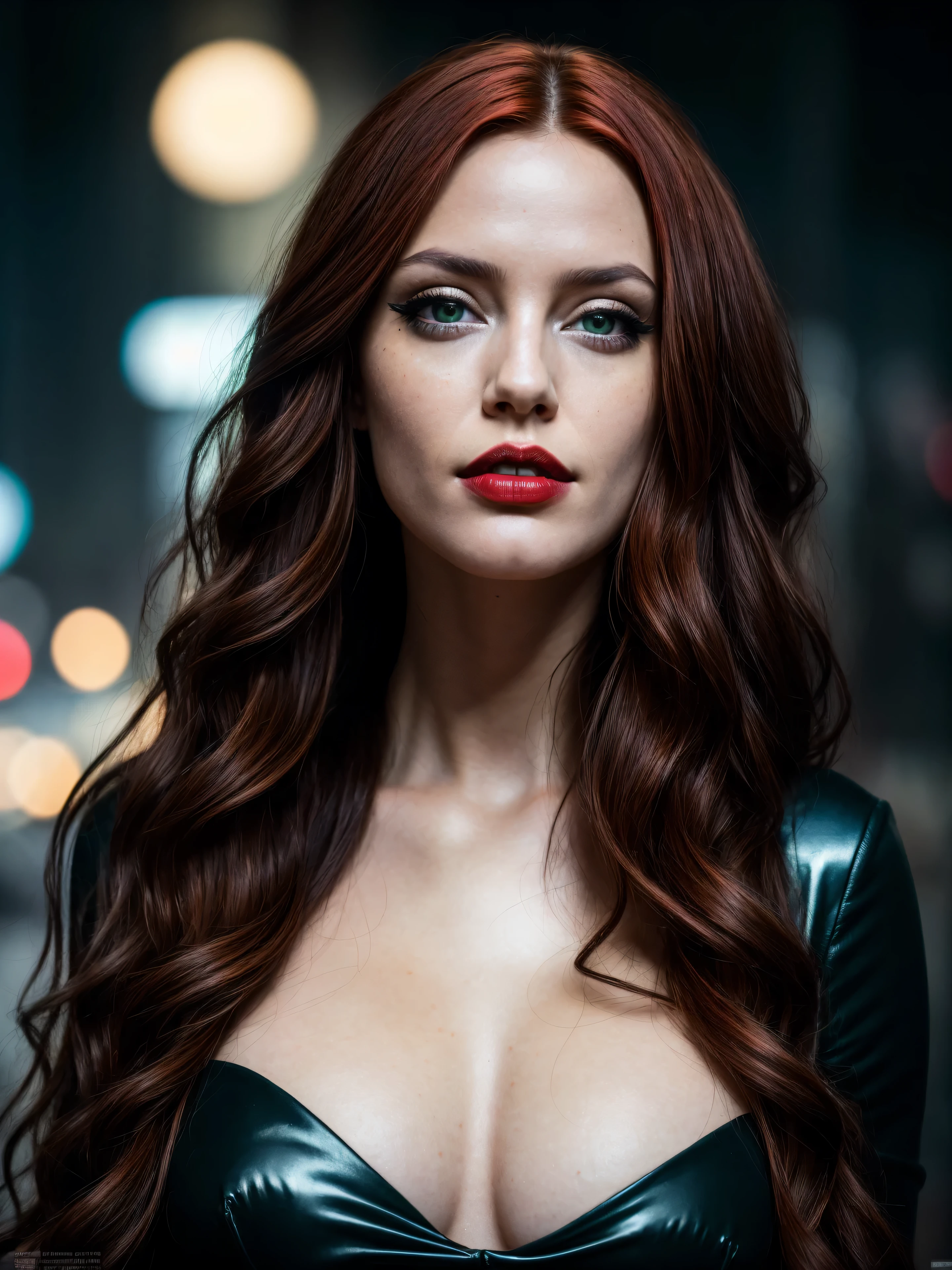 photo of a 25 years old european girl, RAW, beautiful woman, (extra long wavy red hair), (green eyes), (dark red lips), ((portrait)), ((detailed face:1.2)), ((detailed facial features)), (finely detailed skin), pale skin, (high detailed deep cleavage cyberpunk steel dress), cyberpunk megacity environment, (cold colors), damp, moist, reflections, (masterpiece) (perfect proportion)(realistic photo)(best quality) (detailed) photographed on a Canon EOS R5, 50mm lens, F/2.8, HDR, (8k) (wallpaper) (cinematic lighting) (dramatic lighting) (sharp focus) (intricate)