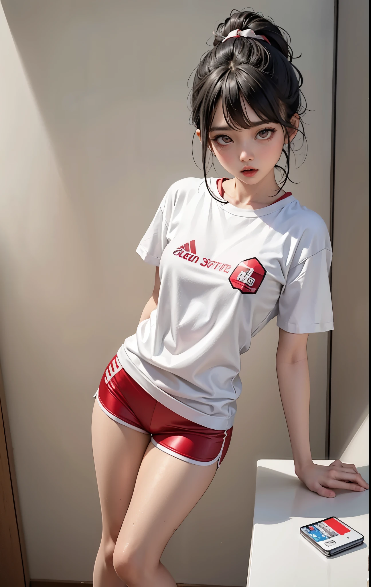 Araf Asian woman wearing white shirt and red shorts posing for photo, Sleek white skintight suit, white red, cute sportswear, short sleeves, maroon and white, pajamas, Black, red and white clothes, V-chest clothes, in shorts and t-shirt, sexy girl, 穿着白色pajamas, sexy girl wearing shorts, cute girl, sporty, female model，ahegao