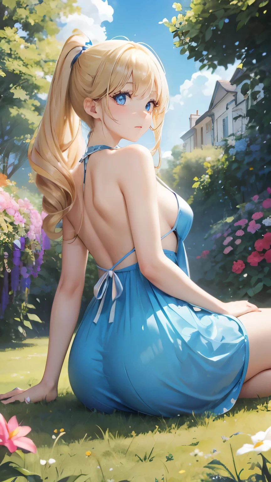 (masterpiece:1.2), (highest quality:1.2),, Curvy but slender body, perfect eyes, perfect face, perfect lighting, 1 girl, in the garden, (feet visible),(T-back),(casual clothes),(view from directly behind),(I can see your butt),(ponytail),curly hair, Fine clothes, Detailed outdoor background, compensate, eye shadow, thick eyelashes, fantasy, looking at the viewer, whole body,alice in wonderland、blue sky、Bright and very beautiful face、young shiny glossy white shiny skin、the best beauty、The most beautiful bright blonde hair in the world、thin hair、long hair、Shining beautiful bangs、Glowing crystal clear big blue eyes、Very beautiful lovely 17 year old most beautiful girl in the world、small breasts