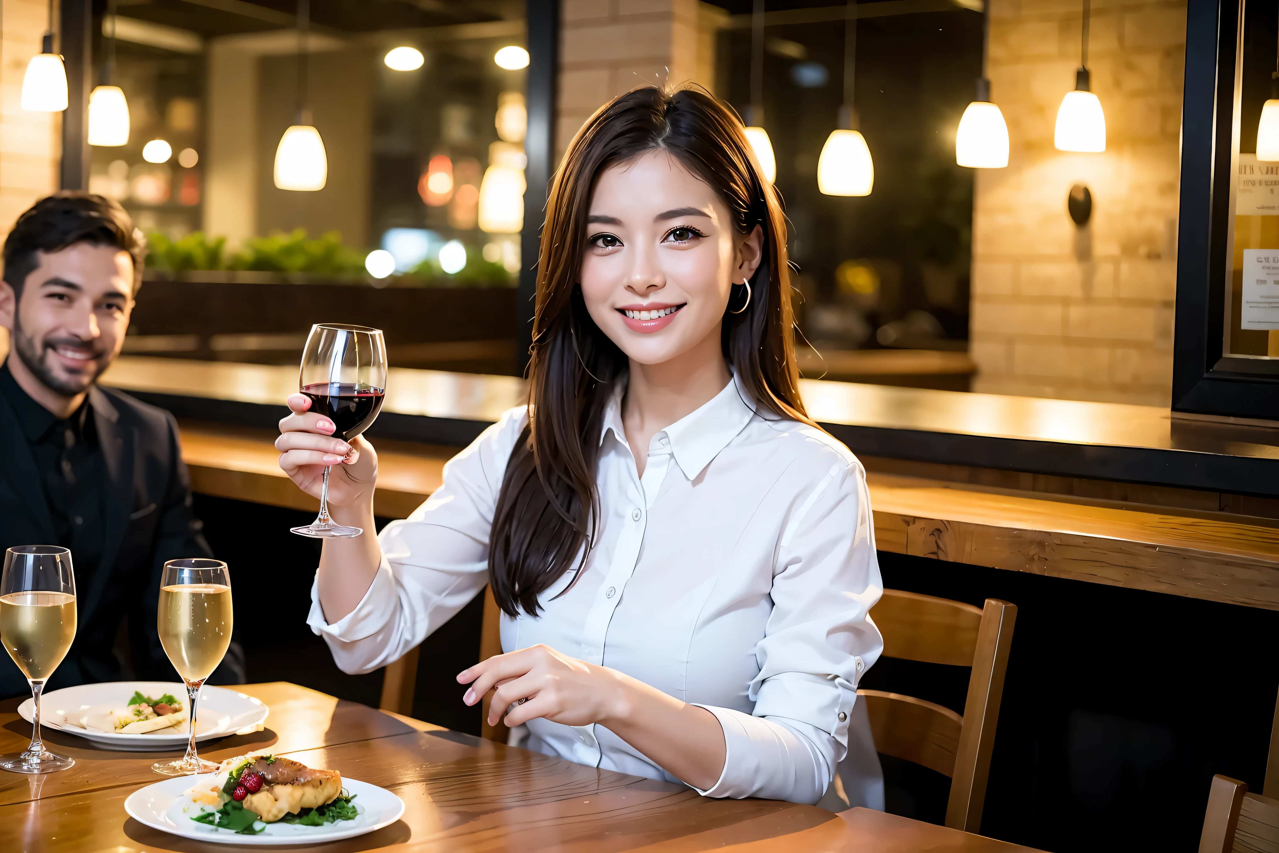 64k, UHD, highest quality, masterpiece: 1.2), (realistic, photorealistic: 1.37), Super detailed, celebration party、beauty、beautiful mature woman、3 women who love wine、three men、champagne、sparkling wine、winter night、restaurantでワイン宴会、(slimな男女4名),(Wine party for 5 people)、(slimフェイス),Happy、 最高なsmile、Fox Face、Berry Short、(because I'thin), (brown hair), (shortcut), long sleeve shirt、winter fashion、Japanese、Dutch、German、Portuguese、Belgian、Italian、french, (gushing), (slimボティ), (brown hair), (shortcut), 端正なbeauty、cheeks blush a little, (34 years old), 38 years old,32 years old、40 years old、 A beautiful and detailed night view spreads out outside the window......, restaurant, wine glassが座っている, At night, in a prominent place (from the Upper body) nova frog style, actress, model, Upper body, White wine, slim, wine glass, Very beautiful night view, wine glass Put in the Middle, Happy smile, (smile: 1.15),