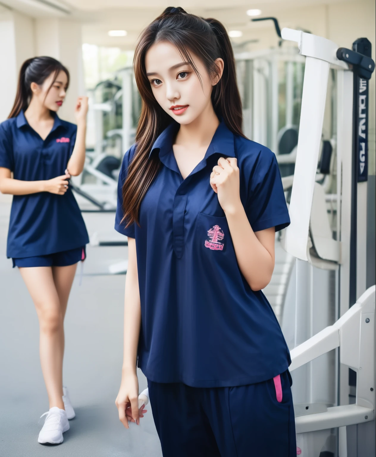 3 girls in fitness center, Navy blue short-sleeved shirt,Navy Long Trackpant,Sweatpants, Sweatpantsขายาว,25 year old girl, lesbian, sexy, exercise clothes, wet body, exercise clothes