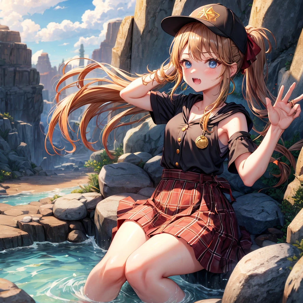 reddish-brown blonde、blue eyes、Braid、ponytail、one good looking girl、solo、anime、Plaid miniskirt、the skirt has buttons、camisole、black t-shirt、dress、Doing the ribbon、Ribbon at waist、cloak、Crystal Grotto、hood、desert、clouds are swirling、stone slabs are piled up、One hand is raised、Wearing a baseball cap 、crystal earrings、sun、sitting、gold coins are falling、teeth are visible