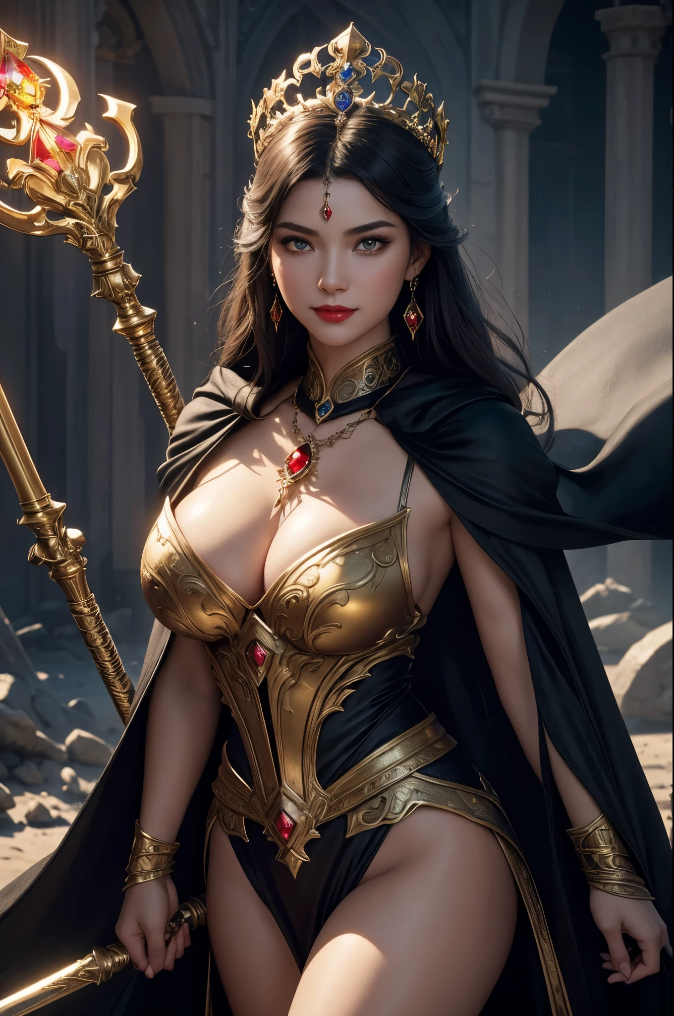 8K,cute thick body,very big breasts,Gray medium bob hair,baby face,Close-up of a pretty girl wearing a white evil god costume holding a divine staff, cute fantasy empress, ((beautiful fantasy empress)), glamorous.very high detail, extremely detailed , up to the model | types of bacteria, trending on cgstation, Chenwei Pan On Art Station, luxurious black cloak,Super high resolution,super realistic skin,beautiful expression,fantasy art,laughter(Like the real thing),straight hair,golden eyes,Red Gem Earrings,blue gemstone necklace,luxury white gauntlet,red lipstick,red eyeshadow,evil god makeup,battle scene,action scene,fighting pose,masterpiece,Photorealistic RAW photos of the highest quality。bright colors,rich colors, Backlight, cinematic lighting, film grain, 50mm lens, Nikon D850,beautiful expression,fantasy art,character art,look at the viewer,perspective from above,smile,thick body type,
