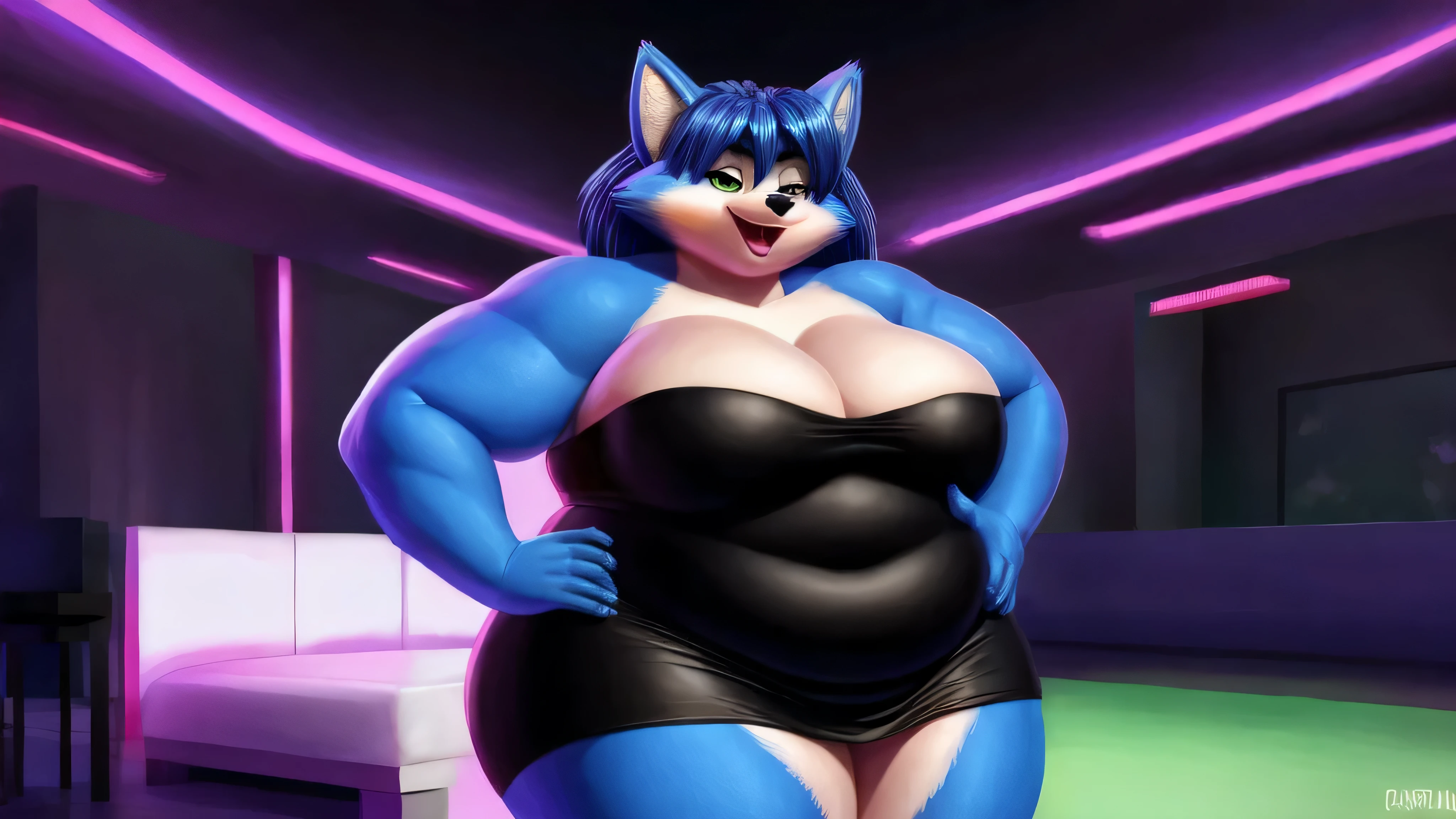 Krystal a raposa, Starfox, 2d illustration, 1.2, Sozinho, perspectiva, Medium chest, Ombros nus, sorriso envergonhado, (cauda), totalmente corado, nervoso, olhando para o espectador, olhos verdes, Gargantilha Preta, olhar sedutor, strapless, vestido preto curto, black pencil skirt, Boate, luzes de neon, standing, hands on hips, Curvo, muito gordo, quadris largos, enorme, coxas grossas e macias, muito gordo flabby arms, Realistic lighting, alto detalhe, Rosto detalhado, sombreamento realista, rolos de gordura, tamanho enorme, seios gigantescos e enormes transbordando de gordura, decote enorme, pesado, mais tamanho, everything is fat, textura macia, lindos olhos grandes, semi-realista, dynamic angle, pattern clothes, muito gordo, SSBBW, fat arms, very fat, IMMOBILE, 800 pounds of weight.