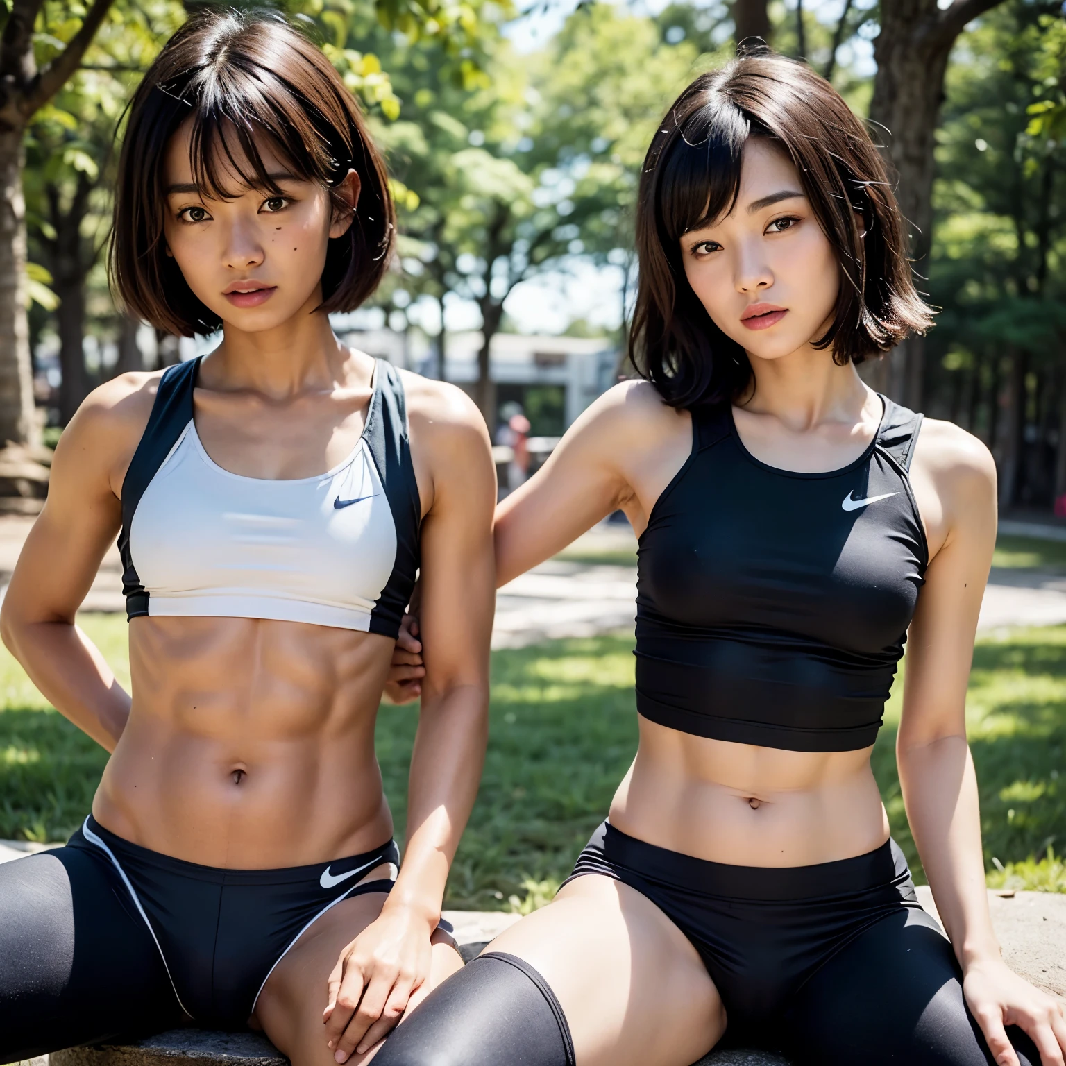 18years old, (tmasterpiece: 1.4), (8K, Realiy, RAW photogr, best qualtiy: 1.4), japanees, beauitful face, (real face: 1.4),beatiful detailed eyes, (realskin: 1.3), Beautiful skins, Attractive, high resolution, Ultra photo realsisim, 8K HD, the golden ratio, (Detailed face: 1.4) With short black hair,(colorful nike tight fit and thin competition athletic wear:1.5), (Developed abs:1.5), (Fit body:1.5), (:1.5), (flat chest:1.5), (Erect nipple:1.5), (can feel body line:1.5), (japanese athlete:1.5), (sweat), (slim body), (dynamic pose:1.5), (outdoor natural light:1.5), (Skin color that can be seen through panties:1.4), (hip fourcus:1.3), (small titts:1.5), (very short hair), (sit on the chair and spread legs)