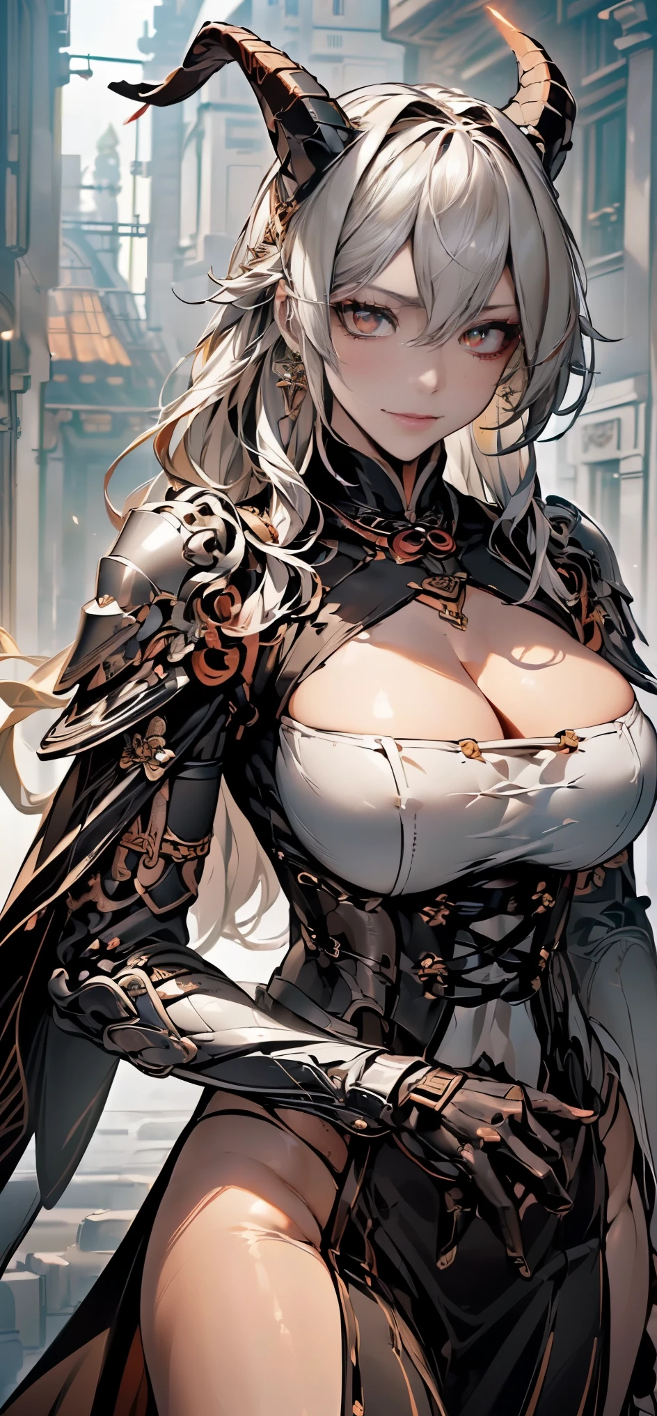 (( (master piece)，（Highly detailed CG Unity 8K wallpaper），best quality，cinematic lighting，detailed background，beautiful and fine eyes，bright pupils，（very elegant and beautiful），（Beautiful and detailed eye depiction），super detailed，master piece，High resolution)), curly, richly decorated armor, beautiful female warrior, (◯◯Hair-:1.3), cleavage