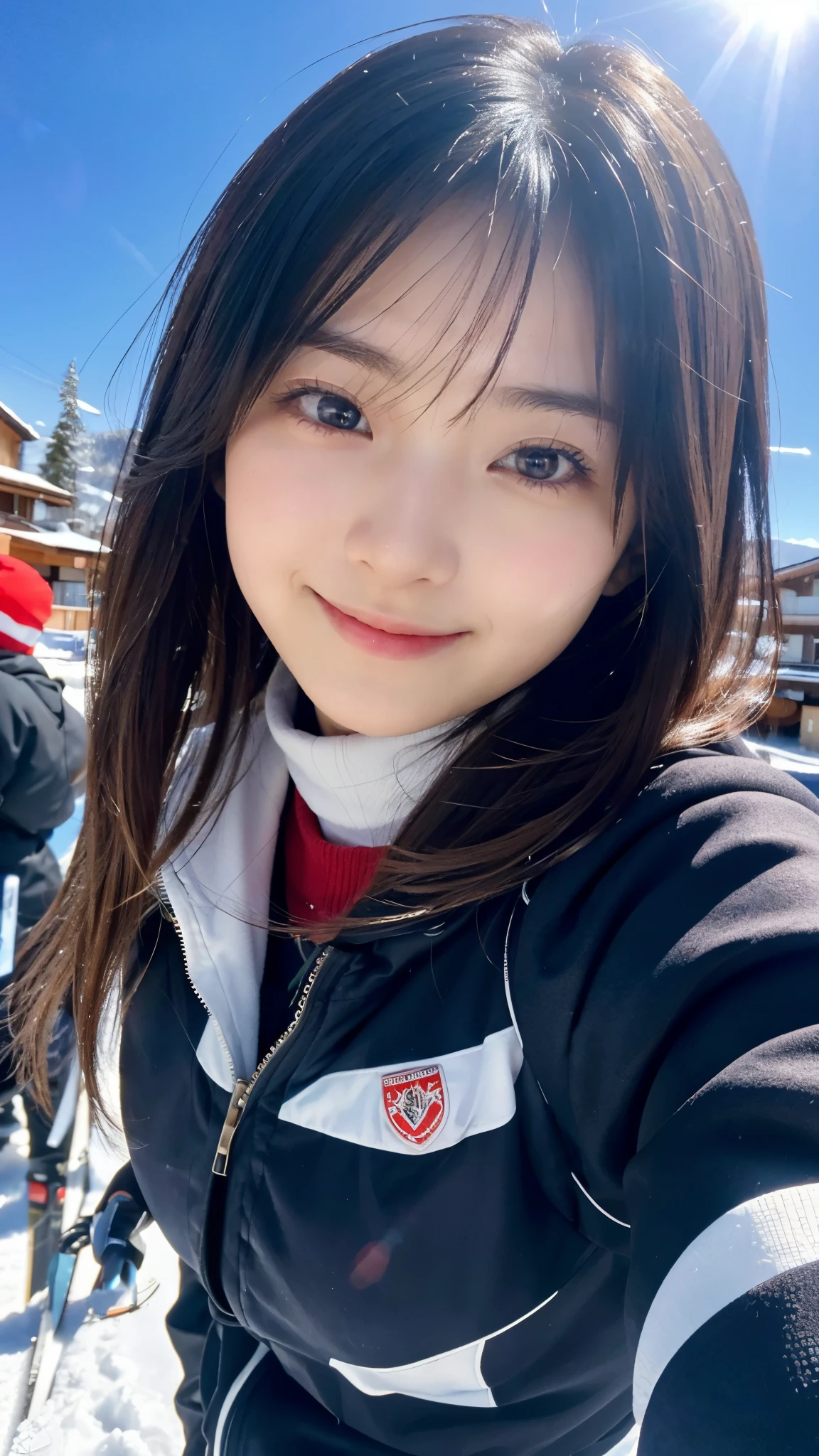 (highest quality,masterpiece:1.3,ultra high resolution),(Super detailed,caustics,16k),(photorealistic:1.4,RAW shooting),ultra-realistic capture,close-up of human skin,natural skin texture,Pores are detailed enough to be easily identified,Healthy skin and even tone,Use natural light and color,18-year-old,Japanese,cute,ski wear,black long hair,Smiling and looking at the camera,big breasts,shot from the waist up,(face focus:1.2),(Face close-up:1.2),(low position:1.3),(Low - Angle:1.3),(Ski resort),sun,Diamond dust,Lens flare,blue sky,