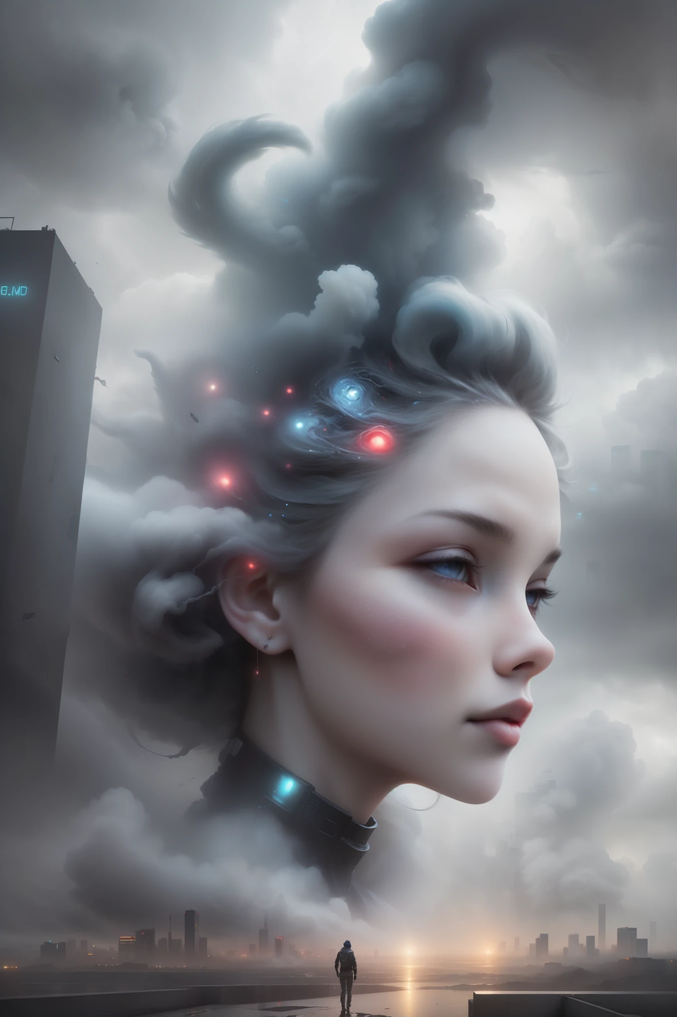 cyberpunk [foggy Cityscape in the distance : very beautiful girl, City:0.33] Immerse yourself in the immense wind current, Living in thunderstorm clouds, Behind the cloud, (double contact:1.3), Photo by Brandon Wolfermüster, surreal dream, Gray atmosphere, rainy day, Dynamic, right to use, human development report