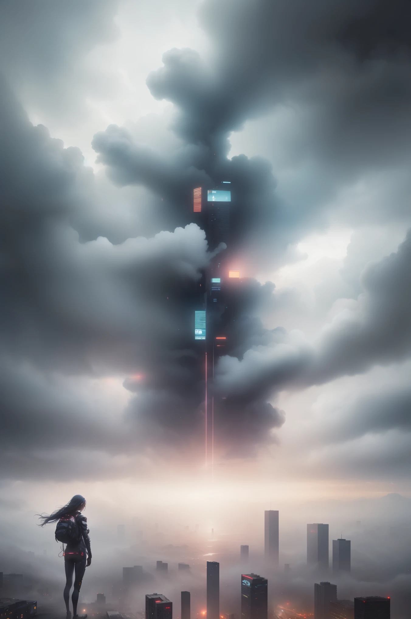cyberpunk [foggy Cityscape in the distance : very beautiful girl, City:0.33] Immerse yourself in the immense wind current, Living in thunderstorm clouds, Behind the cloud, (double contact:1.3), Photo by Brandon Wolfermüster, surreal dream, Gray atmosphere, rainy day, Dynamic, right to use, human development report