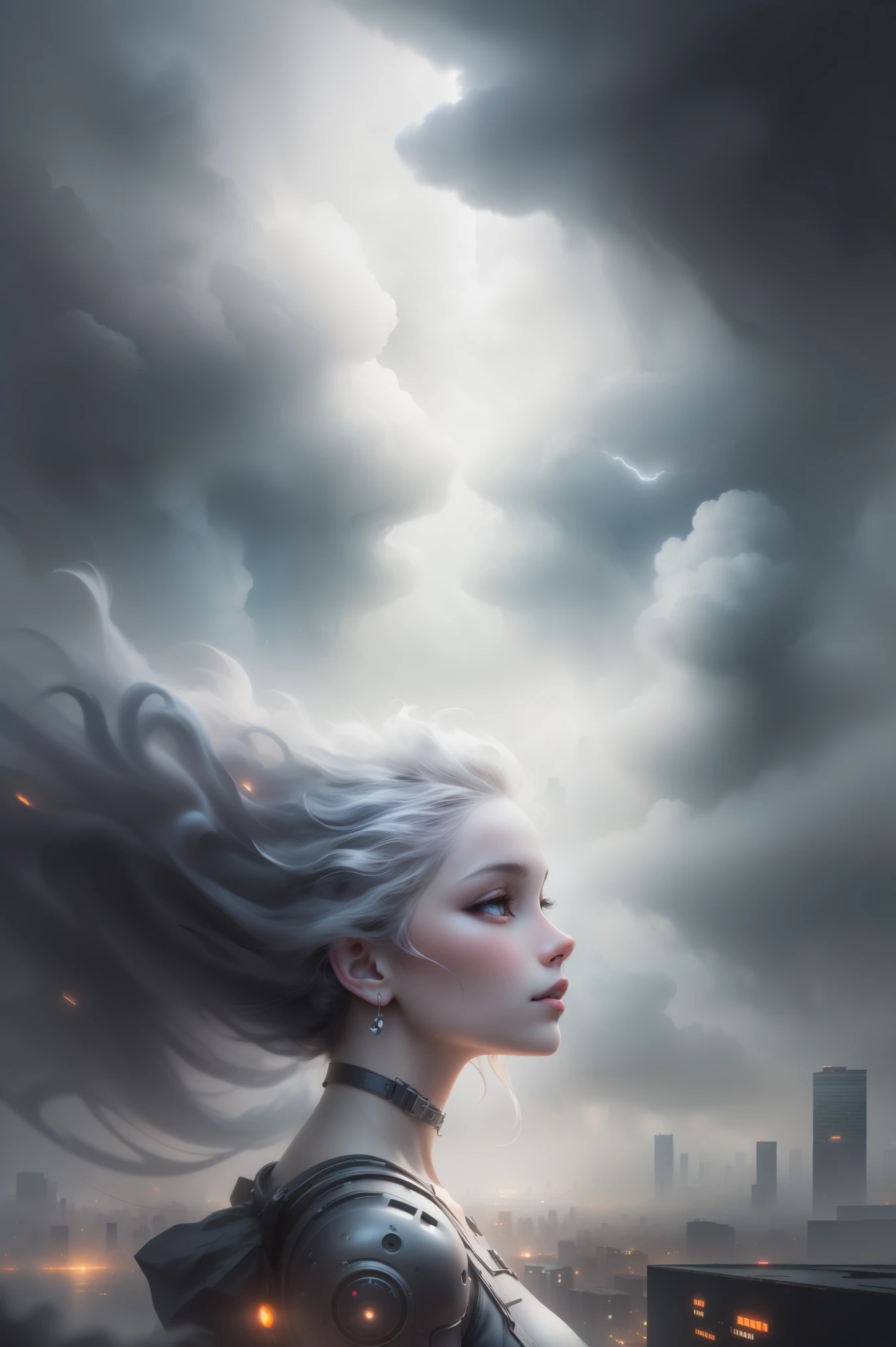 cyberpunk [foggy Cityscape in the distance : very beautiful girl, City:0.33] Immerse yourself in the immense wind current, Living in thunderstorm clouds, Behind the cloud, (double contact:1.3), Photo by Brandon Wolfermüster, surreal dream, Gray atmosphere, rainy day, Dynamic, right to use, human development report