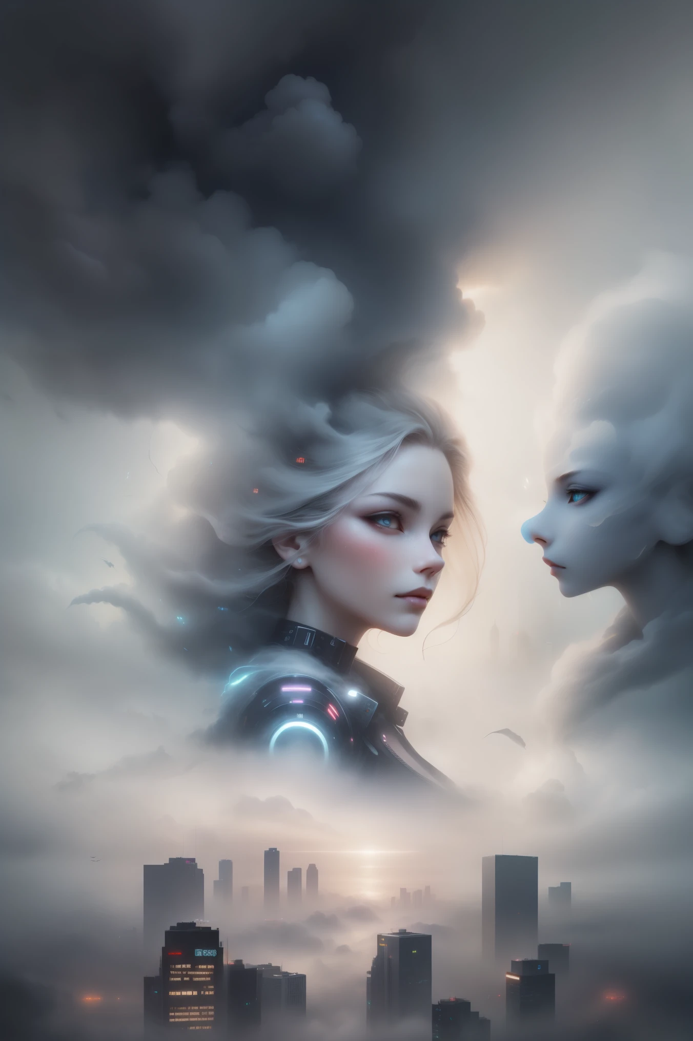cyberpunk [foggy Cityscape in the distance : very beautiful girl, City:0.33] Immerse yourself in the immense wind current, Living in thunderstorm clouds, Behind the cloud, (double contact:1.3), Photo by Brandon Wolfermüster, surreal dream, Gray atmosphere, rainy day, Dynamic, right to use, human development report